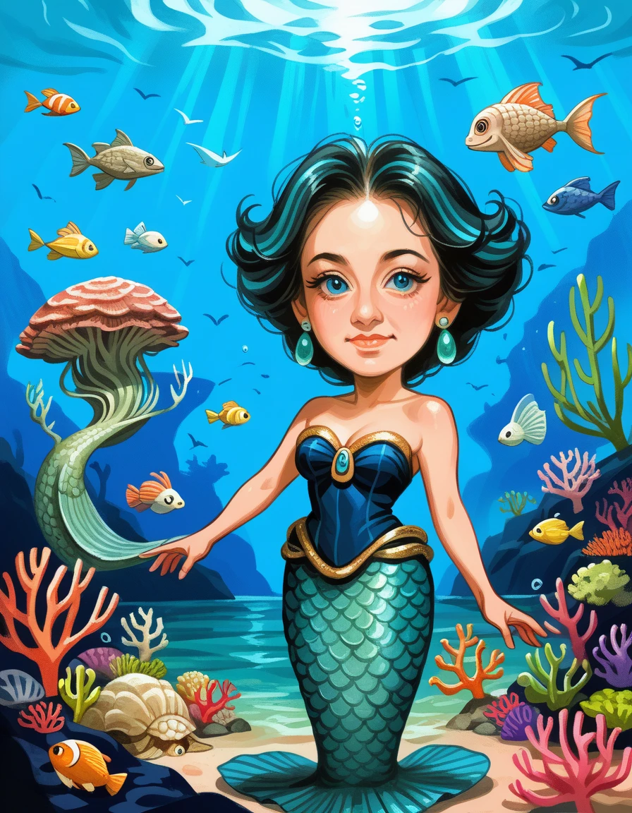 score_9, score_8_up, score_7_up, score_6_up, score_5_up, score_4_up, 1girl, Sunken Atlantis Ball, Mysterious, ((Mesmerizing)), Ancient, ((wearing a Modal ballgown)), oceanic (teal), shimmering scales, Mermaid, Siren, sea-shell hairpin, coral earrings.,  <lora:hud_c4ric4ture_Styl_XLP:0.8>, hud_c4ric4ture_Styl, chibi