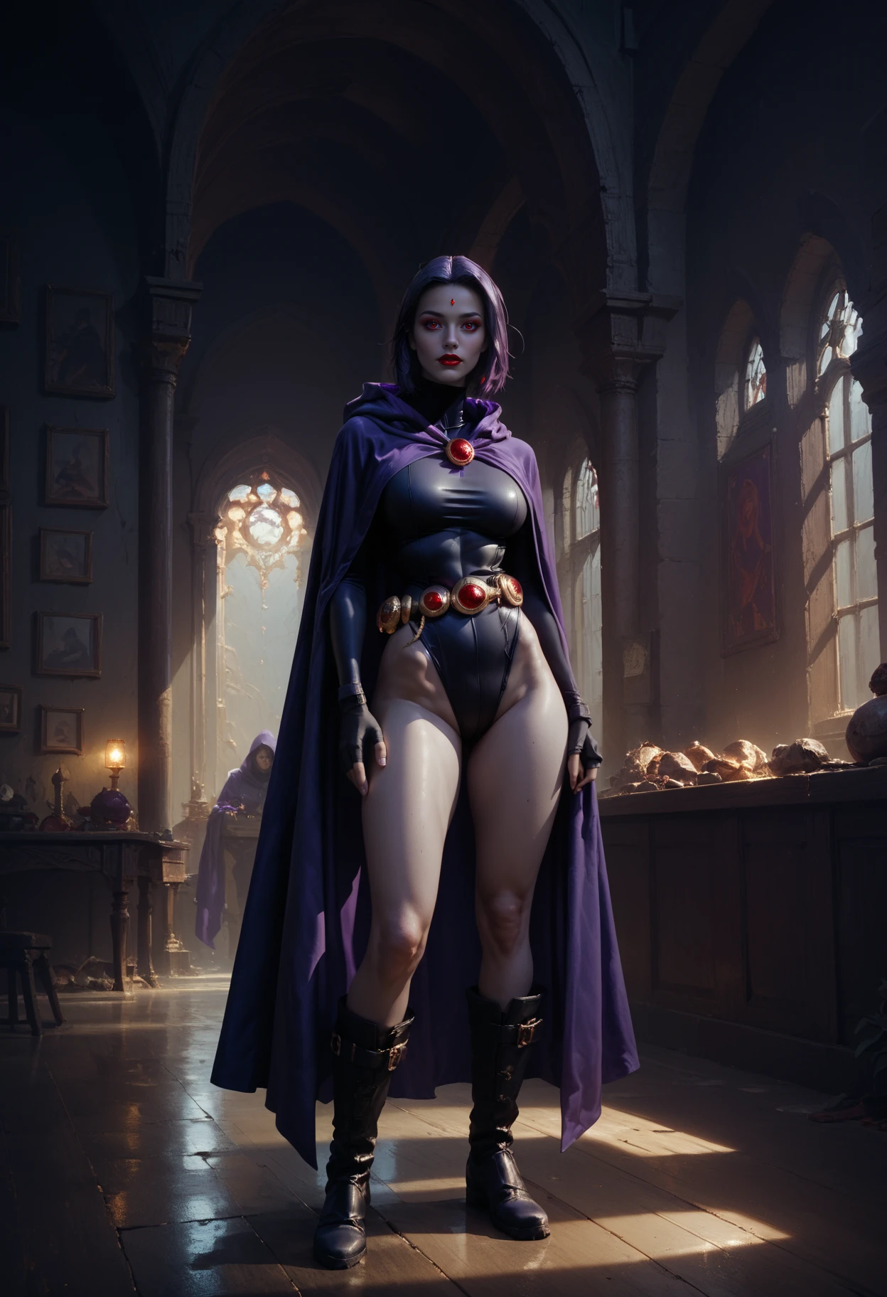 score_9, score_8_up, score_7_up, 1 girl,Jed-rvn, Raven costume, long purple cloak, form-fitting black leotard, belt, black boots, Fingerless black gloves, standing, interior,   <lora:Raven-000004:1>