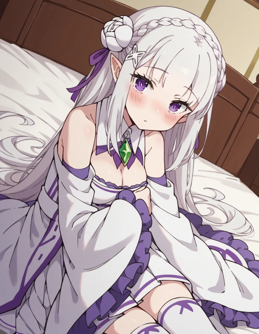 score_9, score_8_up, score_7_up, source_anime, <lora:rezero-emilia-s3-leak-ponyxl-lora-nochekaiser:1>, emilia, braid, crown braid, flower, hair flower, hair ornament, hair ribbon, long hair, pointy ears, purple eyes, white hair, x hair ornament,, detached collar, detached sleeves, frilled sleeves, frills, long sleeves, miniskirt, pleated skirt, ribbon, skirt, thighhighs, white skirt, white sleeves, white thighhighs, wide sleeves, zettai ryouiki,, indoors, bed, bed room, on side, blush, drunk, looking at viewer, solo,, cowboy shot, dutch angle