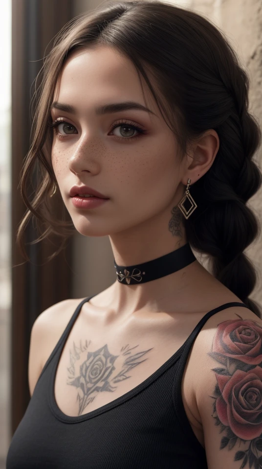 SFW,highest quality,woman,27 year old,backlighting,black choker,blurry background,blush,closed mouth,collarbone,earrings,forehead,freckles,hair over shoulder,jewelry,long hair,looking down,pointy nose,lips glossy,shadow,solo,thick eyebrows,thick eyelashes,upper body, expressive eyes, medium eyes, detailed eyes,black hair,braids,tattoos,tattoos on arms,black rose tattoos on neck,sun beams,warm light,cozy,((masterpiece)),