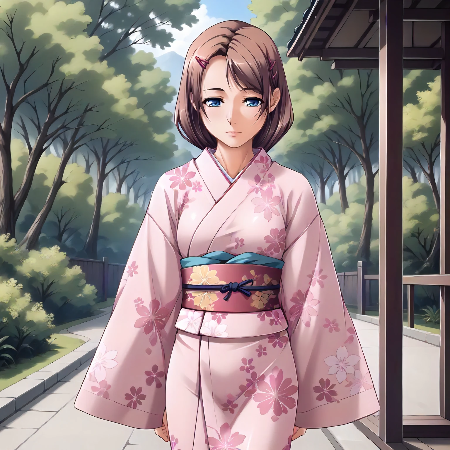 <lora:SDG_AzusaTakaiXLpony001>,
outdoors,nature,
half-closed eyes,
solo,
AzusaTakai,1girl,brown hair,hairclip,low ponytail,blue eyes,
standing,
print_kimono,