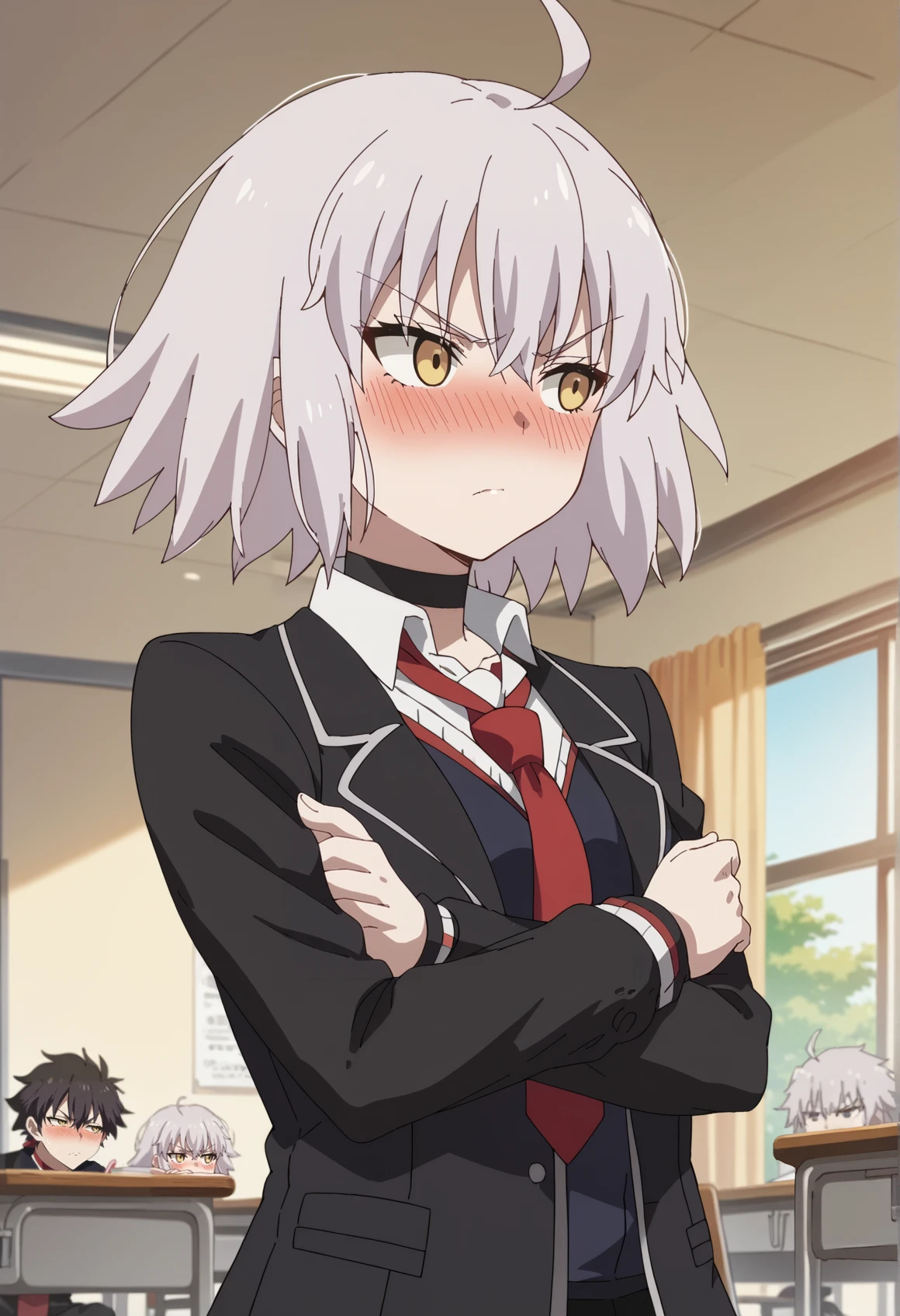 1girl, solo, short hair, ahoge, grey hair, yellow eyes, choker, school uniform, white shirt, red necktie, blue vest, black jacket, black skirt, thighhighs, indoors, classroom, crossed arms, blushing, pouty lips, looking to the side, tsundere <lora:Jeanne_alter:1><lora:Carnival:1> anime screencap, score_9, score_8_up, score_7_up, score_6_up, score_5_up, score_4_up, BREAK source_anime, masterpiece
