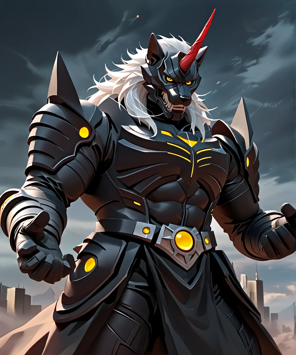 score_9_up,score_8_up,score_7_up,
<lora:Zen_Aku_(Power_Rangers_Wildforce)_(Pony)_(AD):0.8> Zen Aku, power rangers wildforce, evil, villain, demon, wolf, armor, wolf theme, single horn on head, wolf themed helmet, wolf themed mask, yellow eyes, muscular, <lora:sss-000009:1> <lora:Endor:1>
8K, spectacled light, In'ei, highly detailed, Masterpiece, best quality, beautiful details, crisp, chiaroscuro, digital illustration, insanely detailed, internal reflections, subsurface reflections, masterclass color theory, depth of field, clear_eyes,
((perfect hands, perfect proportions, large shoulders, wide thick chest, thick upper body, large thick pecs, large biceps, thick arms, thick legs, thick thighs, ):1.35), 
8K, perfect proportions, perfect hands, scenery background, science fiction setting, futuristic city, elite warrior, destroyed apocalyptic city, cityscape, masterclass anime background, very aesthetic, dynamic pose, absolute unit of a fighter, dominating, mocking expression, powerful and mighty, total embodiment, enjoys abusing his newfound powers, sociopath, evil, villain, overwhelming brutality, strength embodiment, power overwhelming, dark lord, duke org, end boss, glowing, glowing hair, soft white hair, majestic, he is creating destruction absolute, he revels in the destruction he has wrought, self made God, hyper powerful, masterclass anime, artistic glowing light, latex underarmor, grey fur, flawless armor, flawless body, detailed kemono hair, scene from a popular Power Rangers episode, popular badass powerful villain, dynamic pose, gloats in his victory, sexy male warrior, Zen Aku has decided to conquer the earth, sharp teeth, dark background, dark picture, glowing yellow eyes, flexing his arm, demon, muscles are bulging from being so strong, all powerful and unstoppable, victory in the name of Satan, Hail Satan!, 
BREAK zPDXL, zPDXLxxx, unaestheticXLv1, detailxl,