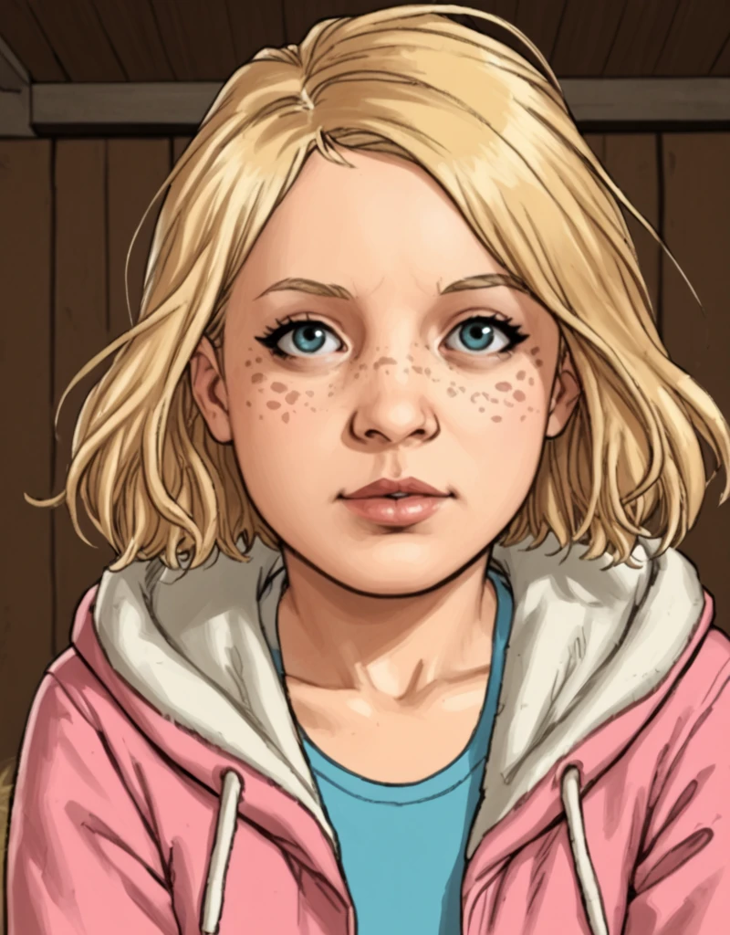 <lora:TWD_Comics_Sophia_Grimes:1> Sophia-Grimes, short hair, blonde hair, freckles, jacket, animal hood, in the barn