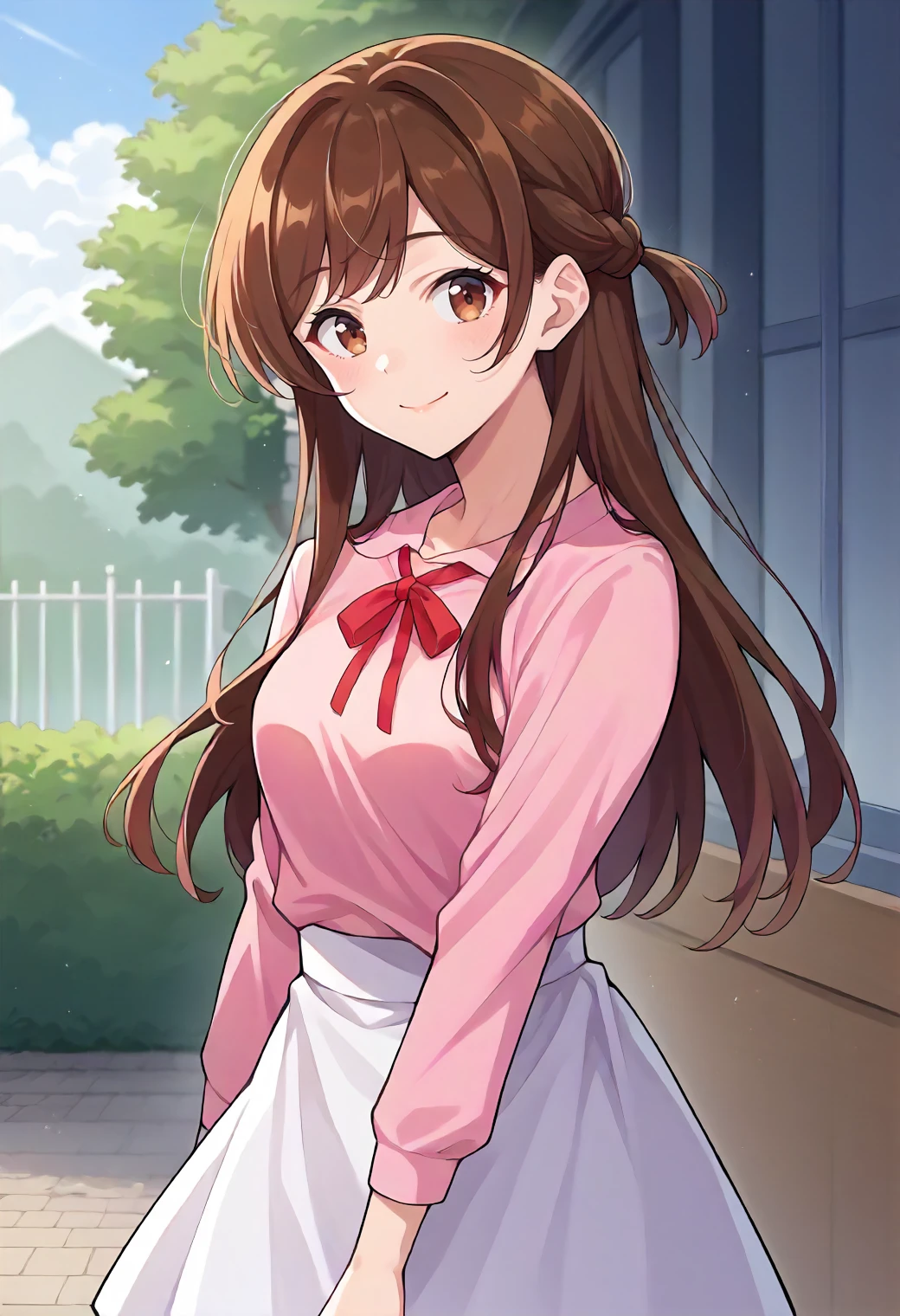 score_9, score_6_up, source_anime, 1girl, solo, outdoors, cowboy shot,  chizuru, long hair, brown hair, brown eyes, pink shirt, white skirt, red ribbon, light smile <lora:rent_a_girlfriend_XL:1>