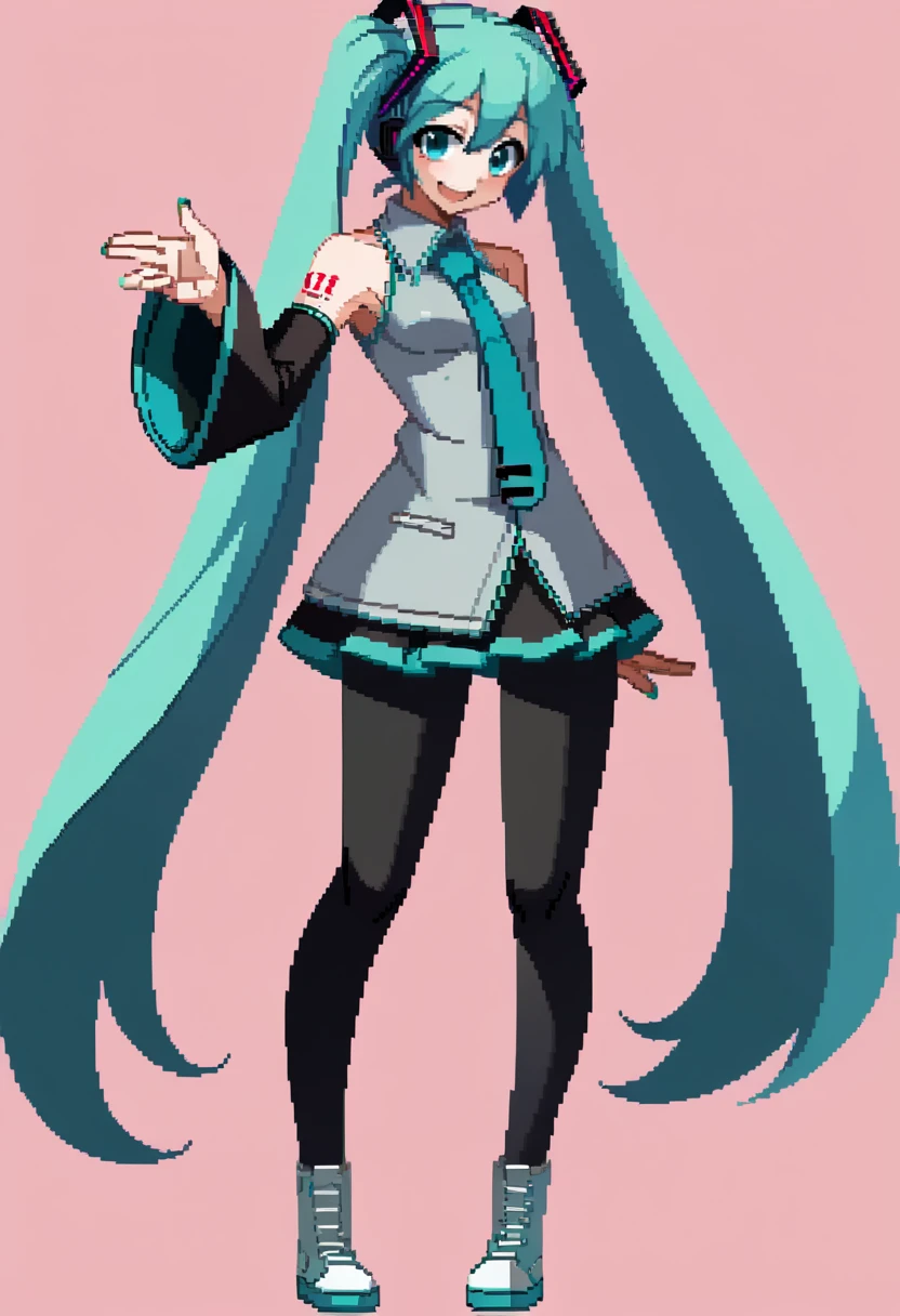 score_9, score_8_up, score_7_up, source_anime, BREAK, solo, 1girl, smile, looking at viewer,  <lora:Under-Night-In-Birth-SpritesV2-pdxl_Fp:1>, simple background, full body, standing, hatsune miku, black pants,