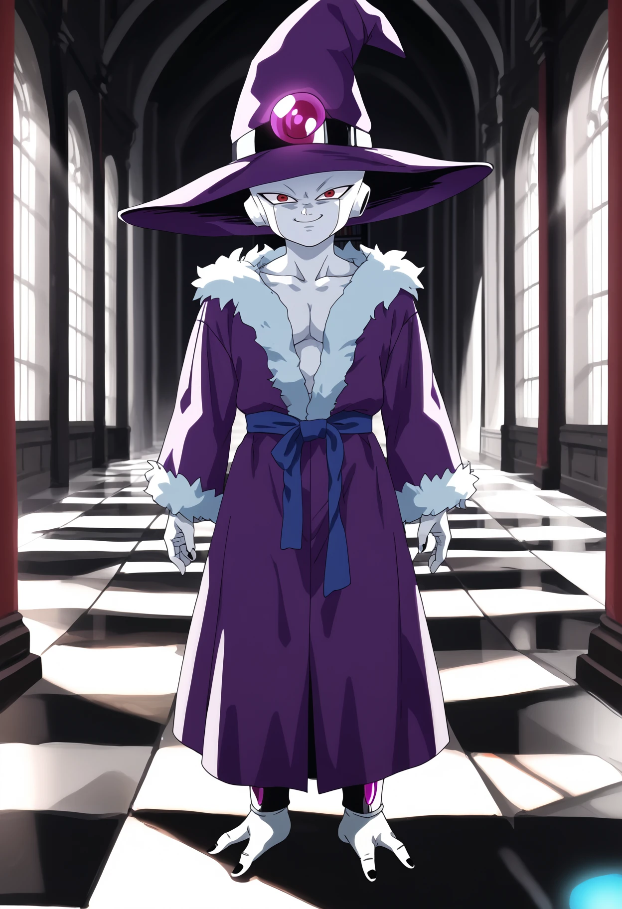 score_9, score_8_up, score_7_up, anime screencap, BREAK
detailed, vibrant colors, indoors, inside mage university, grand hallway, bookshelf, glowing symbols, mystical atmosphere, BREAK 
frieza, colored skin, white skin, red eyes, evil smile, wearing mage outfit, wizard hat, fur trim robe, purple accents, floating, standing, full body, cowboy shot, solo focus   <lora:FriezaXL:1>