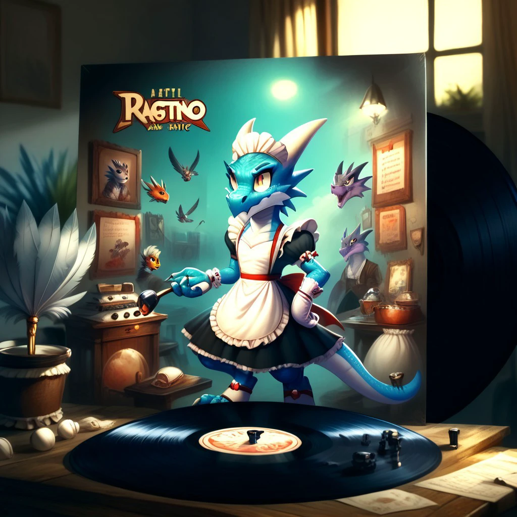 score_9_up,score_8_up,score_7_up,
4lbum4rt, record jacket,  Kobold, furry dragon, tail, short stature, maid outfit, feather duster