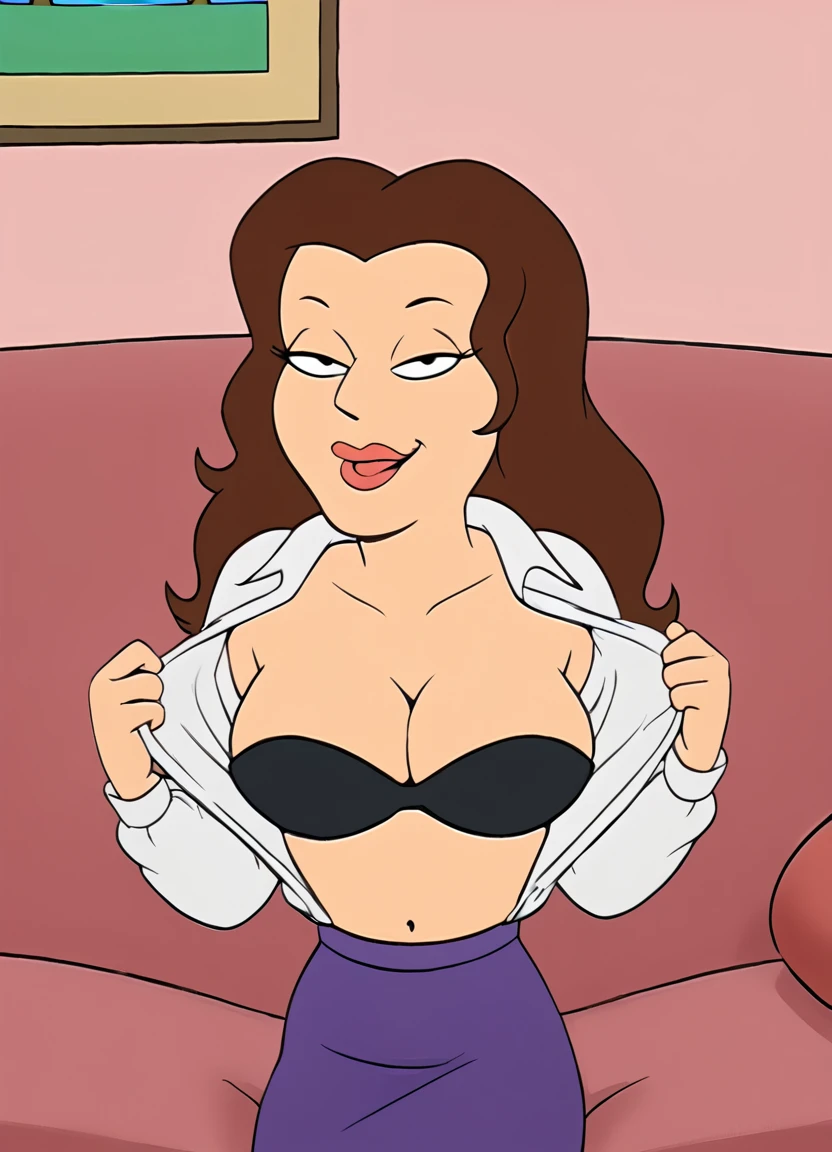 <lora:DrAmandaRebeccaFGPony:1> Dr.AmandaRebecca, 1girl, solo, breasts, shirt, brown hair, bra, underwear, open clothes, cleavage, white shirt, open shirt, black bra, skirt, undressing, navel, large breasts, long hair, long sleeves, flat color, upper body, smile, looking at viewer, purple skirt, naughty face, tongue out, collared shirtscore_9, score_8_up, score_7_up, score_6_up, score_5_up, score_4_up, looking at viewer,sitting, couch,
