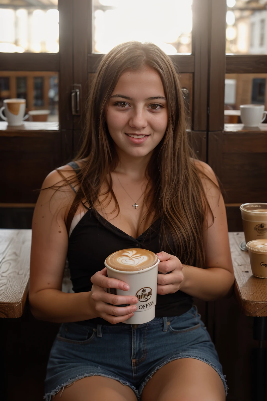 <lora:BeckyLeSabre:0.8>, full color portrait of a young woman, having coffee at a vintage cafe, natural light, RAW photo, subject, 8k uhd, dslr, soft lighting, high quality, film grain, Fujifilm XT3