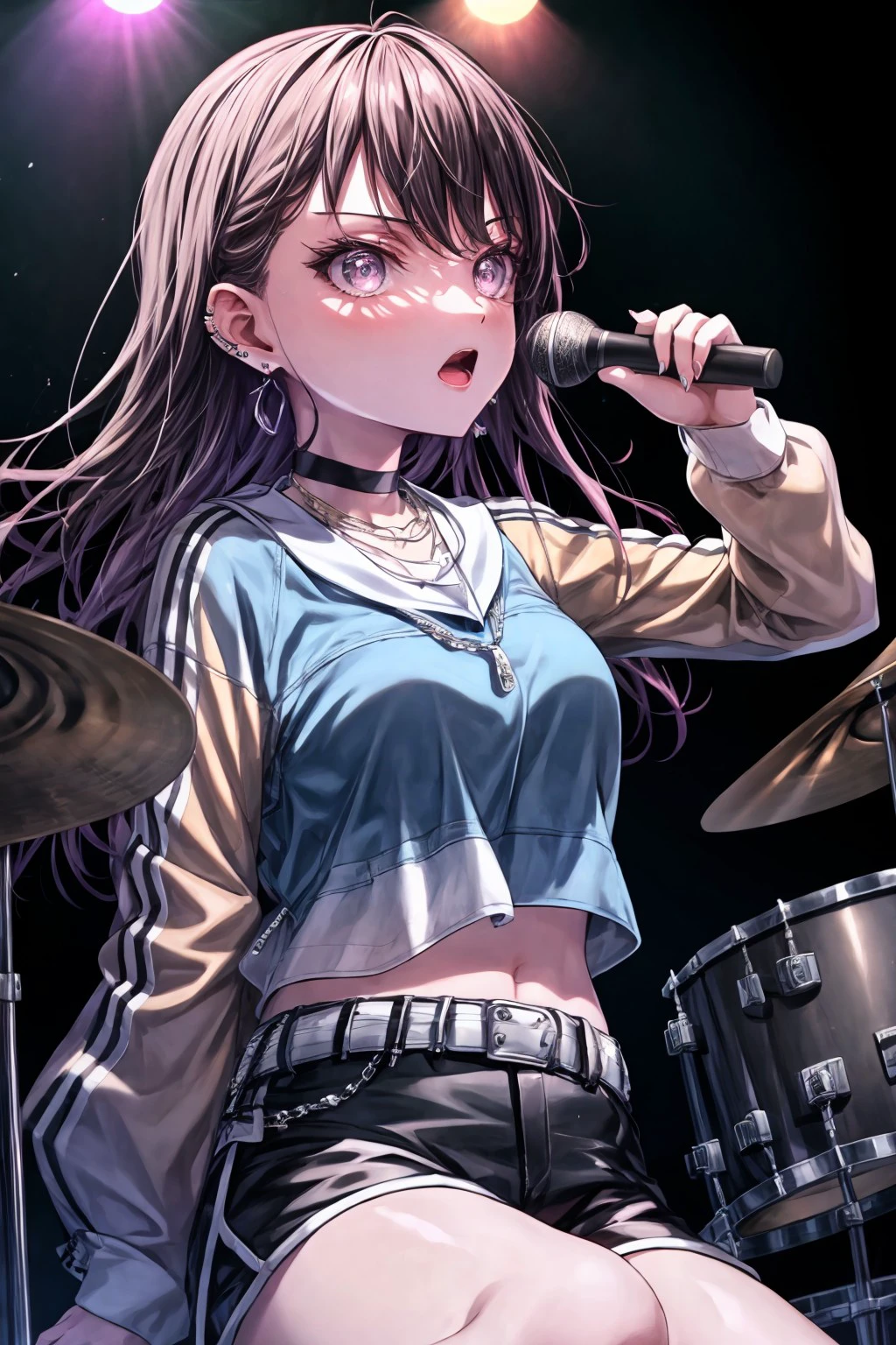 (masterpiece), best quality, expressive eyes, perfect face,takishiina, open mouth, shirt, long sleeves, holding, jewelry, sitting, jacket, earrings, shorts, choker, belt, purple eyes, necklace, black choker, black shorts, instrument, ear piercing, fishnets, drum, stage, drumsticks, stage lights, drum set, <lora:more_details:0.7>, <lora:a75fa2e0-ab76-4620-905b-87ca47d5bd7a:0.7>