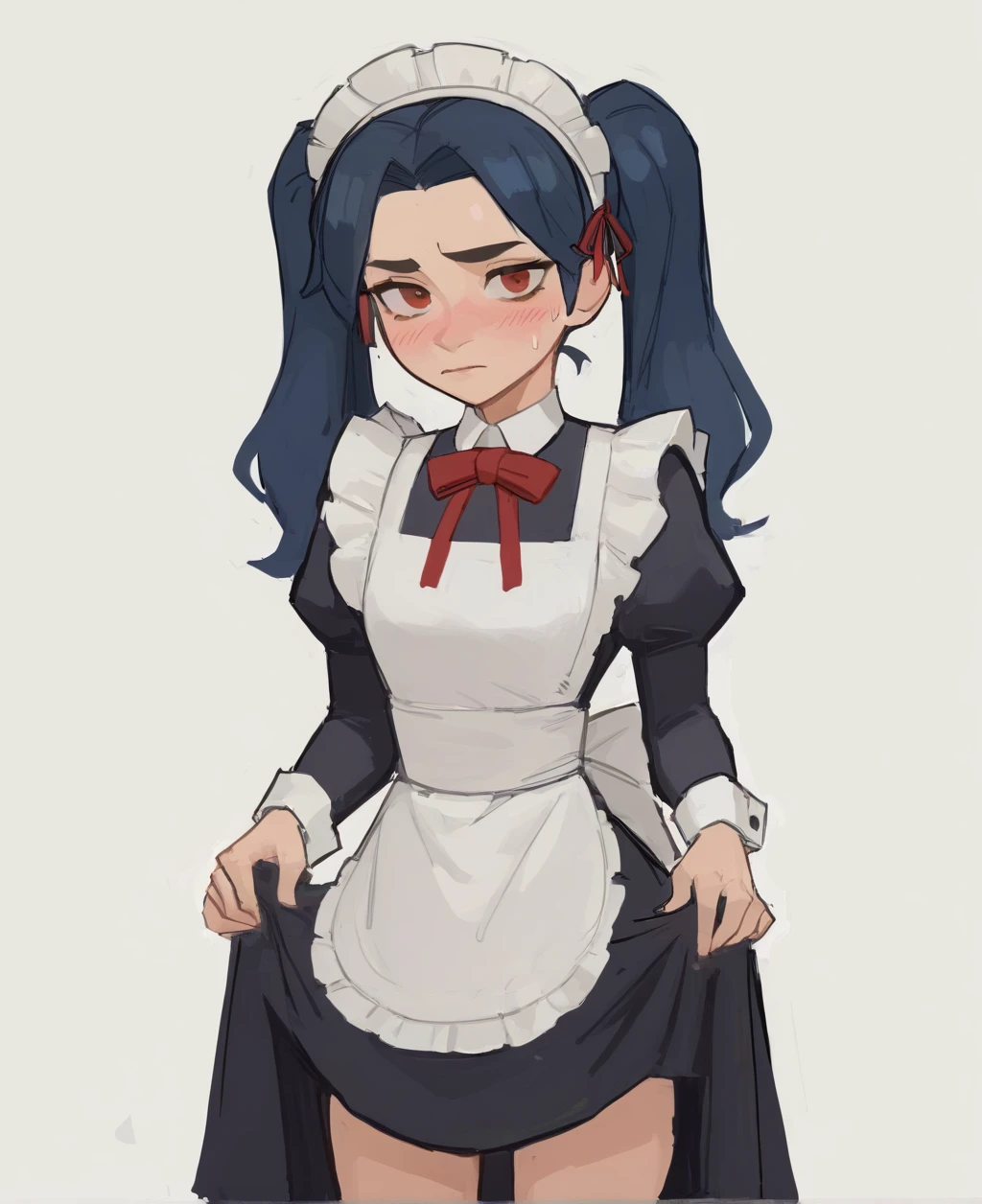 score_9, score_8_up. score_7_up, <lora:amugea:1>, amugea,
1girl,maid apron,maid headdress,white background,red eyes,simple background,long hair,black dress,looking at viewer,twintails,blue hair,long sleeves,blush,closed mouth,juliet sleeves,red ribbon,white apron,puffy sleeves,neck ribbon,alternate costume,skirt hold,cowboy shot