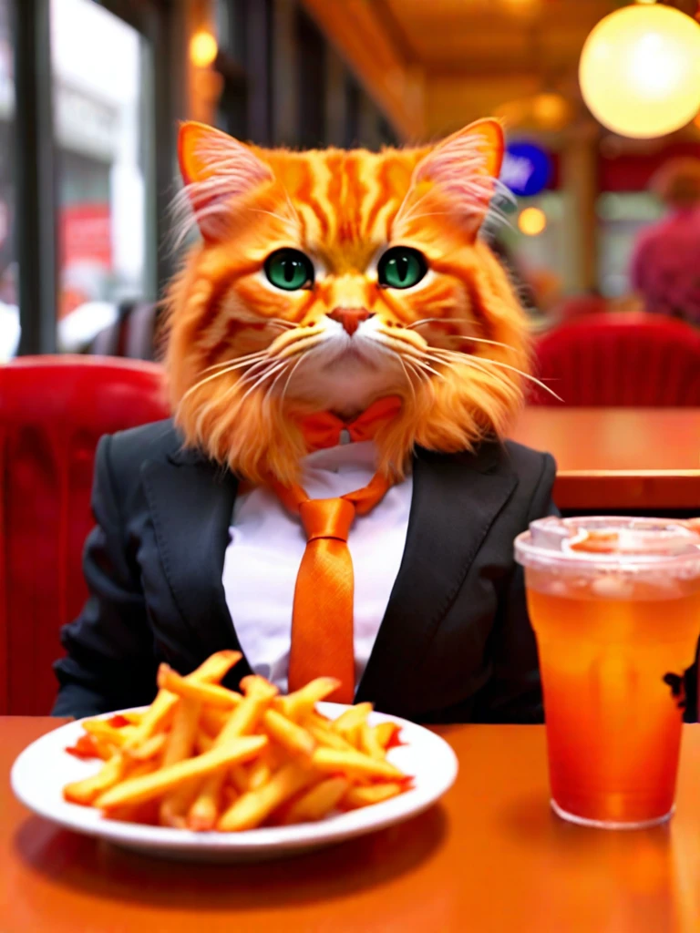 an orange cat in a suit and tie sitting at a table with a plate of french fries and a coke