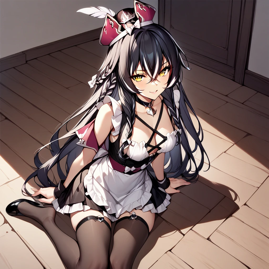 1girl, solo, dracasia, 1girl, seductive smile, solo, black hair, braid, maid outfit, multicolored hair, hair between eyes, long hair, streaked hair, yellow eyes, looking at viewer, choker, sitting, <lora:XL-Dracasia:1>, (masterpiece),(best quality),(ultra-detailed),(best illustration),(best shadow),(absurdres),(detailed background),(very aesthetic),