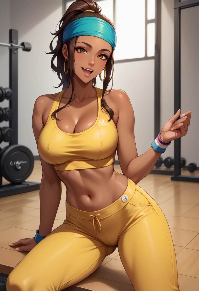 score_9, score_8_up, score_7_up, score_6_up, source_anime BREAK <lora:ZarinaKOF:0.9>, ZarinaKOF, dark-skinned female, brown hair, hoop earrings, high ponytail,  headband,  yellow sports bra, midriff, yellow yoga pants, seductive smile, open mouth, looking at viewer, gym ,