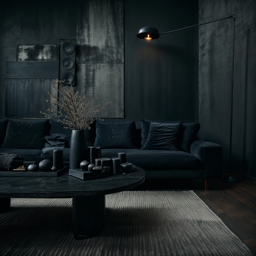 photography, black living room, dark blue velvet sofa, dark blue velvet chair, (black old wood floor), black stone table, black carpet, black table decorations, black wall, black modern floor lamp, black ceiling, natural light, wide shot, (black color), <lora:MM2-BLACK LIVINGROOM:0.3>, RAW photo, subject, 8k uhd, dslr, high quality, film grain, Fujifilm XT3