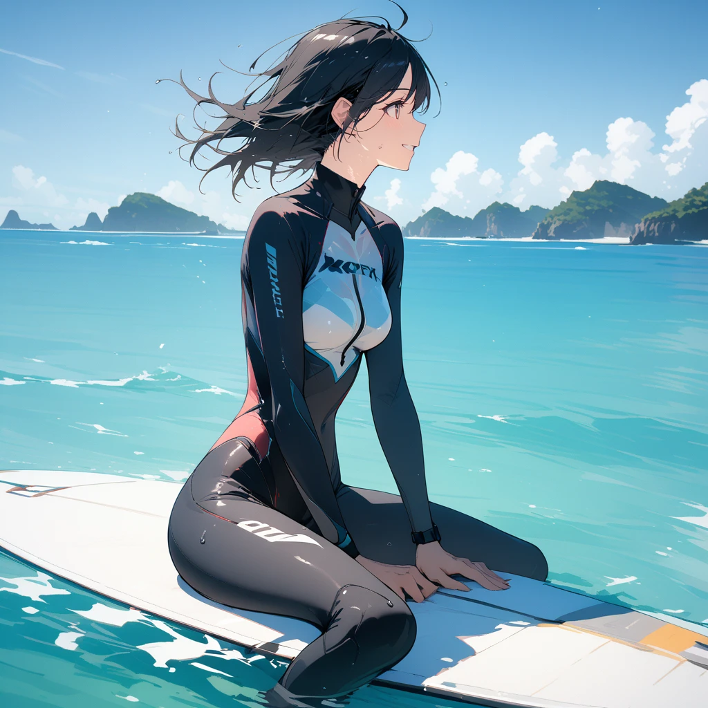 cinematic, (masterpiece)+, (best quality)+, (ultra-detailed)+, very aesthetic, illustration, intricate details, absurdres, (masterpiece)+, (best quality, hires textures, high detail:1.1), (4k)+, solo, 1girl, beautiful, sexy, surfboard_straddle, surfboard, blue ocean, transparent water, translucent water, island, colored hair, long hair, ponytail, hairstyle, swimwear, side view