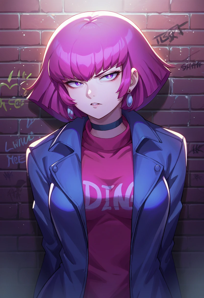 score_9, score_8_up, source_anime, 1girl, solo, HamanKarn, short hair, earrings, sharp eyes, choker, neon shirt, open jacket, turtleneck sweater, night, against wall, brick wall, graffiti, dim lighting, alley, looking at viewer, <lora:ChamHamanKarnPonyXL:1>