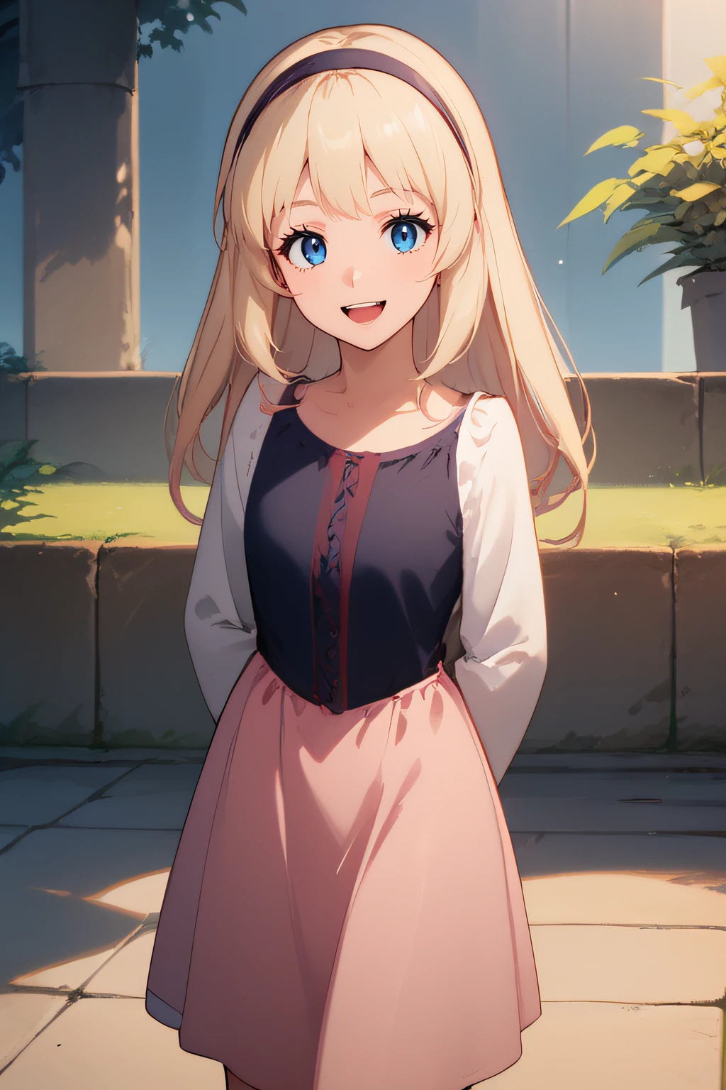 score_9, score_8_up, score_7_up, source_anime, rating_safe, intricate details, 1girl, retroartstyle, <lora:Princess_Eilonwy:1>, eilonwy, blue eyes, hairband, long sleeves, dress, pink skirt, standing, cowboy shot, looking at viewer, smile, open mouth, teeth, arms behind back, <lora:A_Vivid_PonyDif:1>, vividpony, outdoor