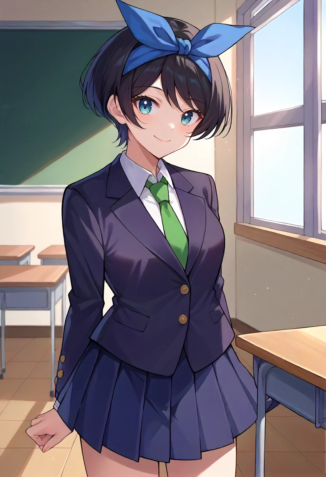 score_9, score_6_up, source_anime, 1girl, solo, classroom, school uniform, ruka, short hair, black hair, blue hairband, blue bow, blue eyes, black blazer, collared shirt, green necktie, black skirt, pleated skirt, smile<lora:rent_a_girlfriend_XL:1>