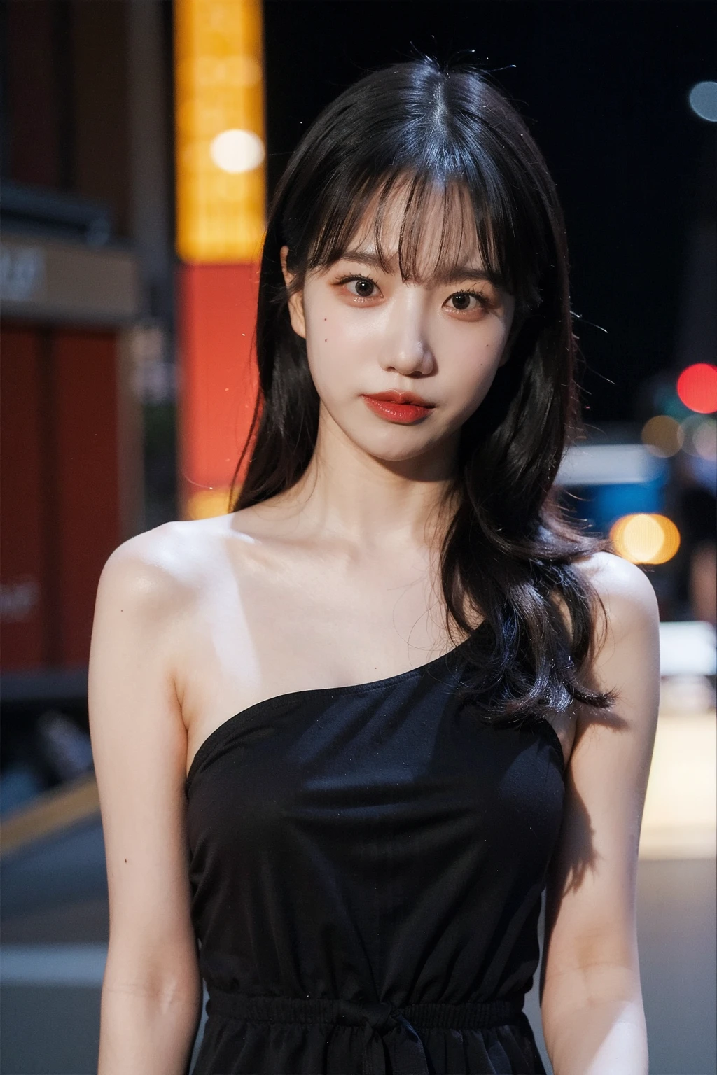 Best quality, masterpiece, ultra high res, (photorealistic), raw photo,1girl, skinny, upper body,solo, realistic, looking at viewer, bokeh background, city streets, mini dress, <lora:makina69_joyuri_v2.0:1>