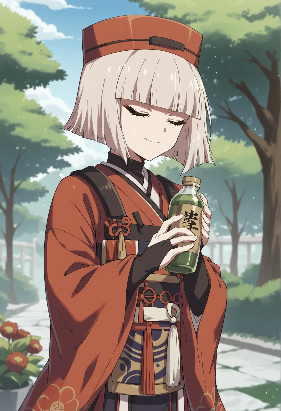 1girl, pale skin, short hair, grey hair, black eyes, bob cut, japanese clothes, kimono, red kimono, sash, long sleeves, wide sleeves, bridal gauntlets, hat, outdoors, garden, looking to the viewer, closed eyes, smile, holding bottle <lora:SenHime:1> <lora:Carnival:1>, score_9, score_8_up, score_7_up, score_6_up, score_5_up, score_4_up, BREAK source_anime, masterpiece