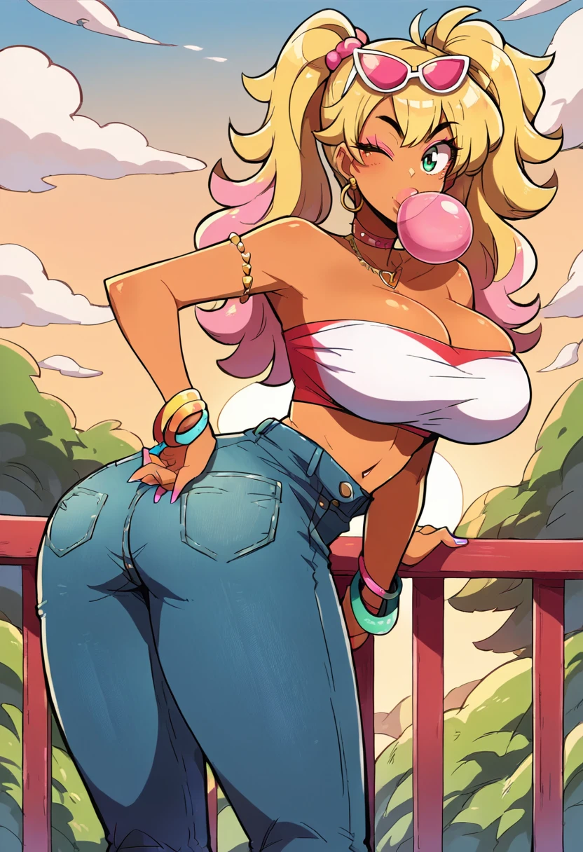 score_9, score_8_up, score_7_up, score_6_up, score_5_up, solo,outdoors,looking at viewer,big butt,from side,bent over,arm support,sunset,high-waist jeans,tube top,gyaru,wink,bubblegum