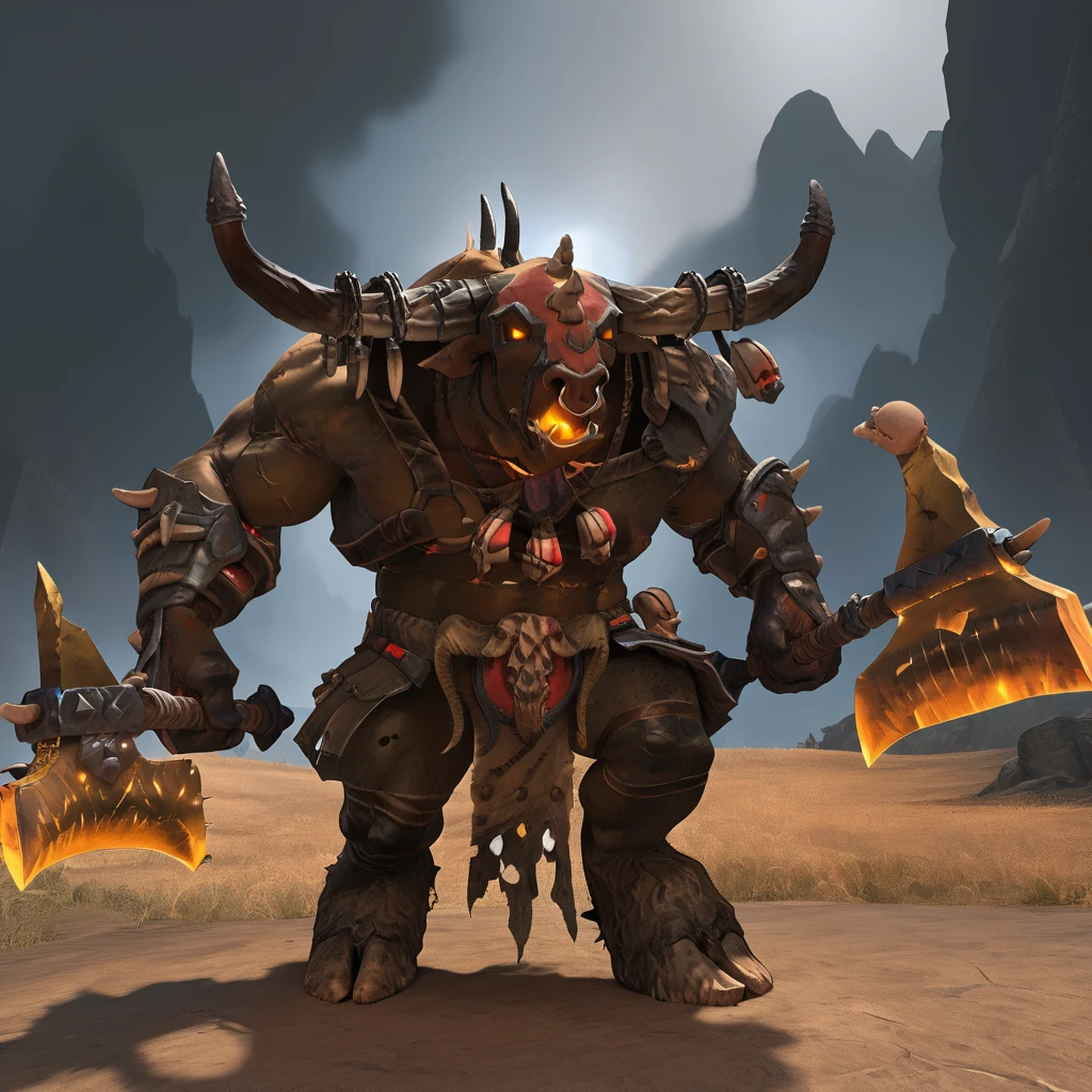 Taurox, minotaur, glowing eyes, hooves, holding axe, dual wielding, no humans,
<lora:Taurox:1>