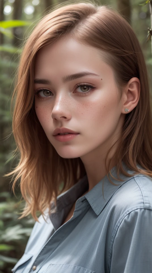 a photo of a seductive woman with loose styled redhead hair, posing in a forest, bored, she is wearing Button-up Shirt and Dress pants, mascara, , (textured skin, skin pores:1.1), (moles:0.8), (imperfect skin:1.1) intricate details, goosebumps, flawless face, (light freckles:0.9), ((photorealistic):1.1), (raw, 8k:1.2), dark, muted colors, slate atmosphere