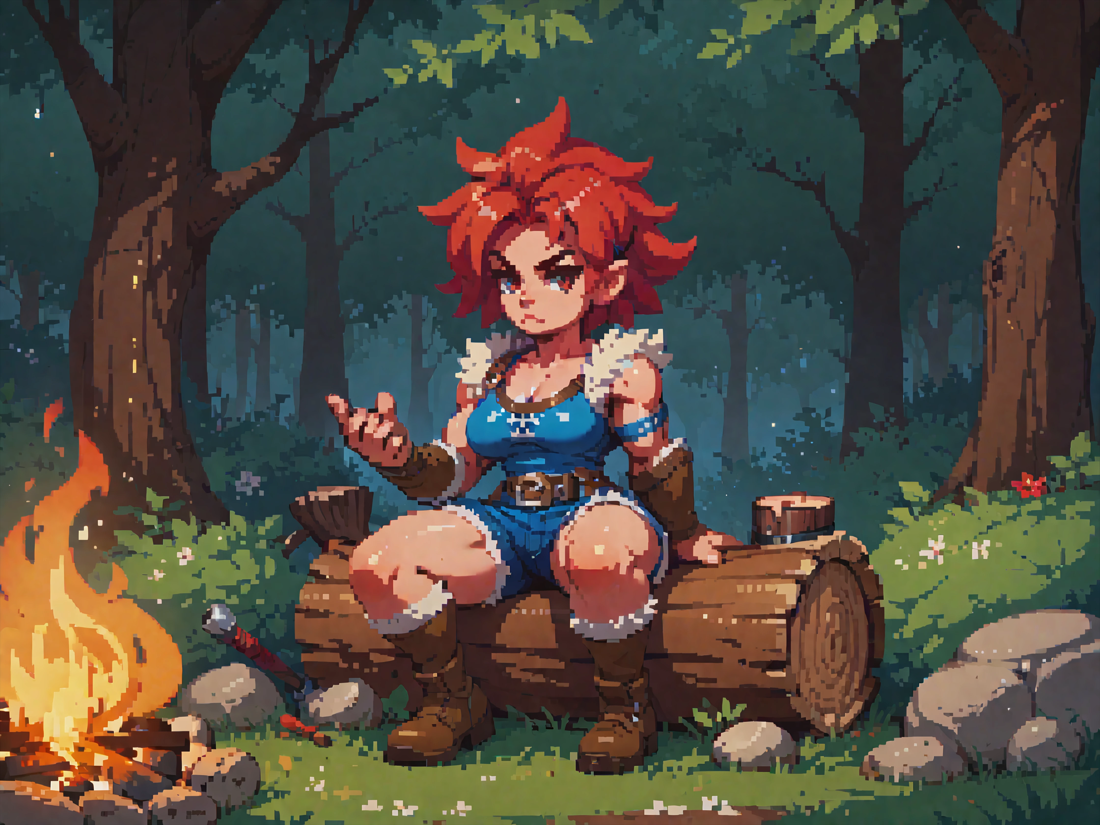 score_9, score_8_up, score_7_up, score_6_up, score_5_up, score_4_up, skindentation, zPDXL2, 1girl, solo, fantasy, muscular female, serious, barbarian, pelt clothing, tree stump, campfire, sitting,