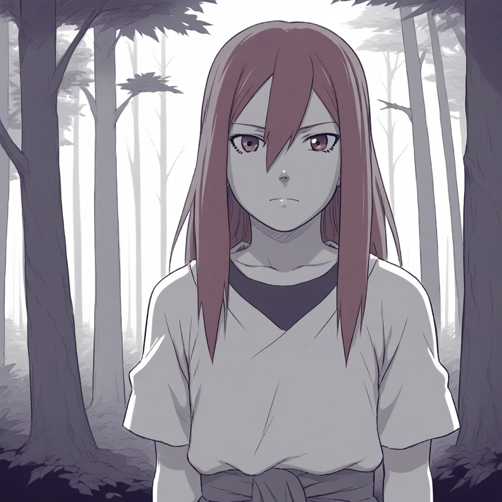 score_8_up, BREAK, 1girl, solo, tayuya, red hair, long hair, brown eyes, tunic, upper body, outdoors, forest,  arms at sides, <lora:Tayuya_YuasaStyle_PXL_Leaf1:1>, monochrome,