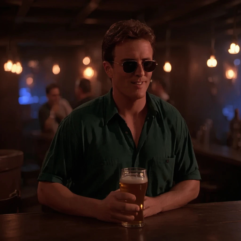 cinematic photo a man, 90s style,  with sunglasses,  having a beer in a pub <lora:JohnnyCage1995-1024:0.8> . 35mm photograph, film, bokeh, professional, 4k, highly detailed