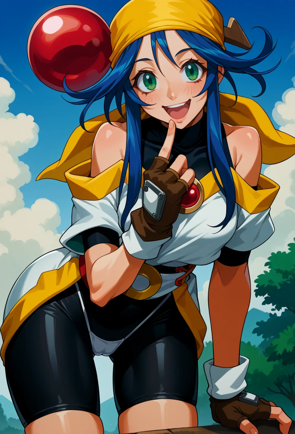 score_9, score_7_up, source_anime, BREAK <lora:AELime:0.85> AELime, blue hair, green eyes, long hair, bandana, bike shorts, fingerless gloves, skin tight, spandex, yellow headwear, panties, smile, open mouth, thong, legs together, finger to cheek, leaning forward, arched back, blue sky,