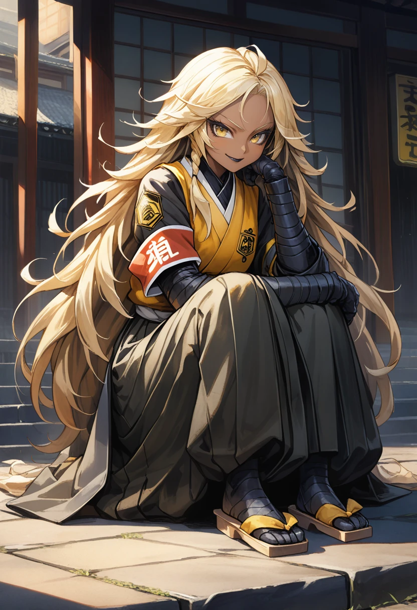 (Quasarcake:0.7) wallpaper 4k 8k high-resolution full-body Solo Villainess monster-girl bee-girl blonde-hair yellow-eyes long-hair messy-hair feudal-japan street (dark-skin) hakama eyeliner smirk black-lipstick outdoor armband kanji sitting geta
absurdres highly-detailed best-quality masterpiece amazing-shading cinematic-lighting detailed-illustration