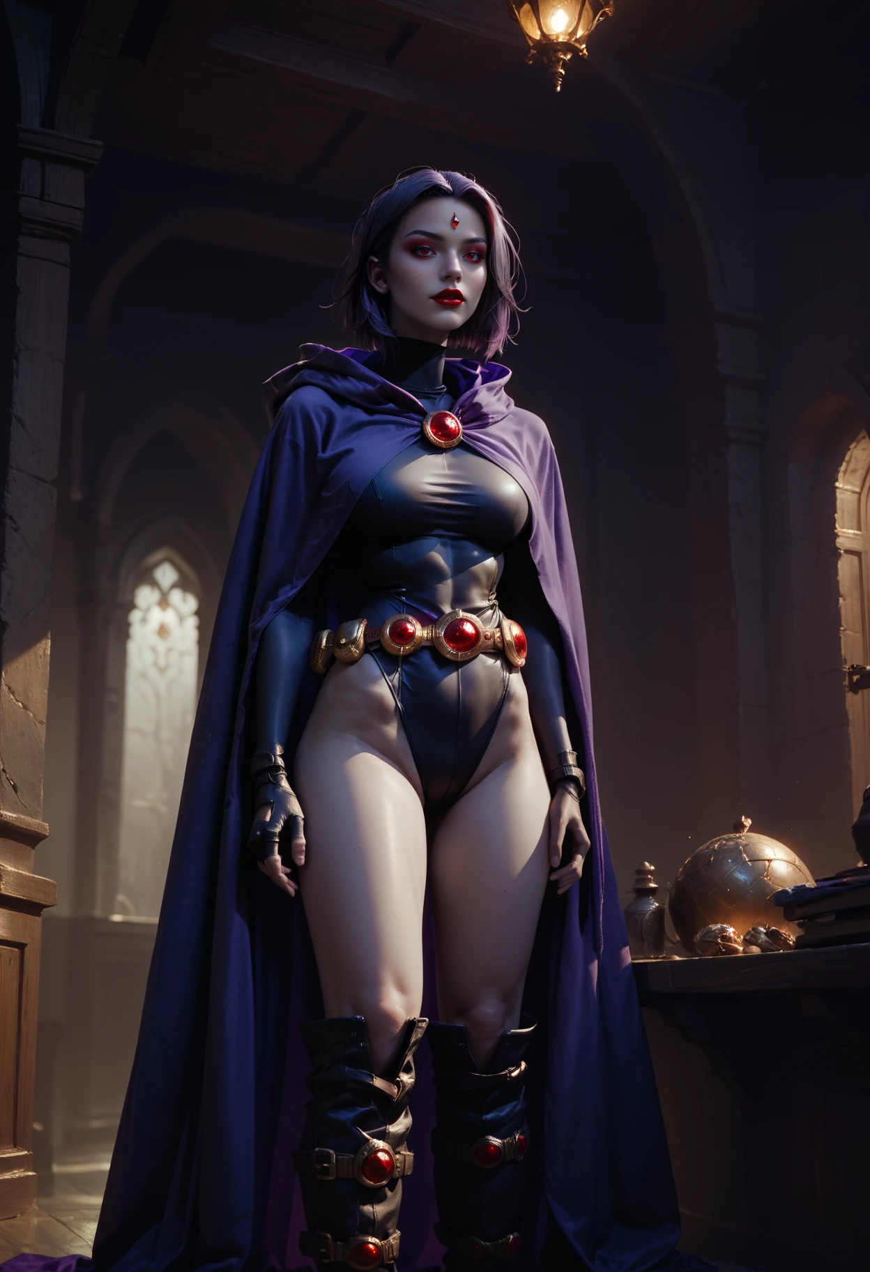 score_9, score_8_up, score_7_up, 1 girl,Jed-rvn, Raven costume, long purple cloak, form-fitting black leotard, belt, black boots, Fingerless black gloves, standing, interior,   <lora:Raven-000004:1>