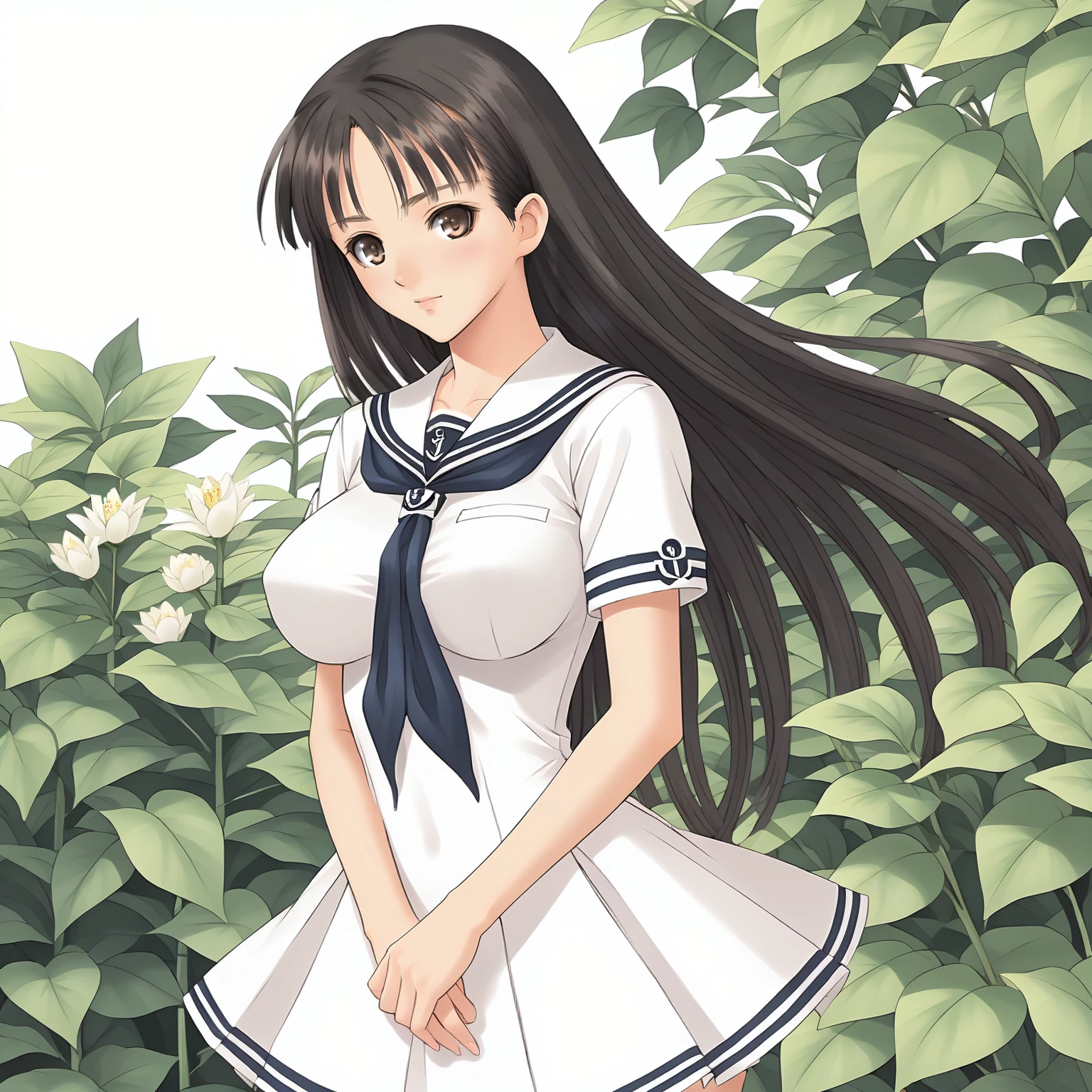 <lora:SnIMnI_AsaMizushimaXLpony006>,
solo,
AsaMizushima,1girl,black hair,long hair,brown eyes,
large breasts,
sailor,white sailor color,white dress,short_sleeves,