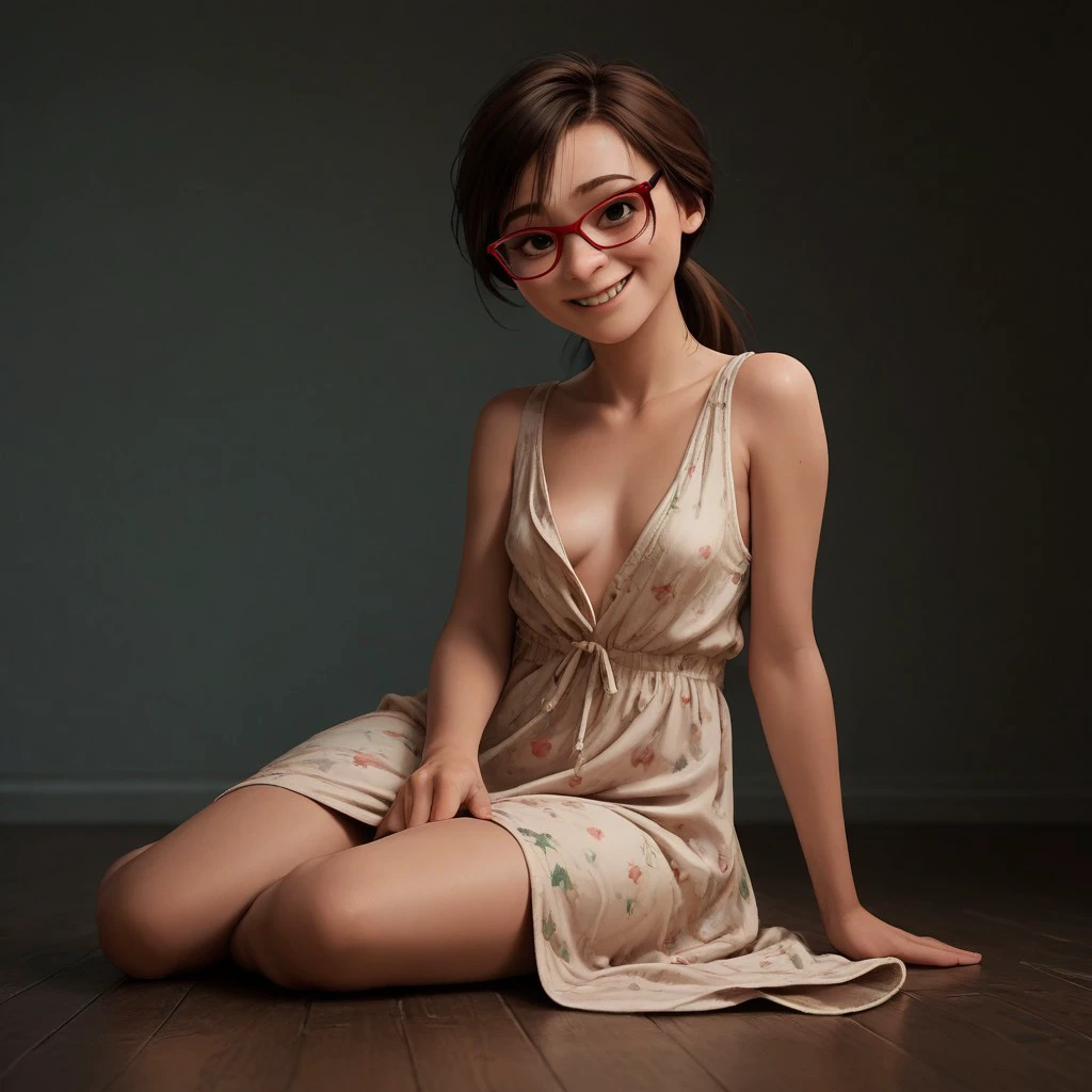 score_9, score_8_up, score_7_up, score_6_up, score_5_up, score_4_up, rating_explicit, 1girl, Ji_llA, red framed eyewear, ponytail, small smile, sitting on the floor, small saggy breasts, cleavage, large hips, sexy pose, loose dress
