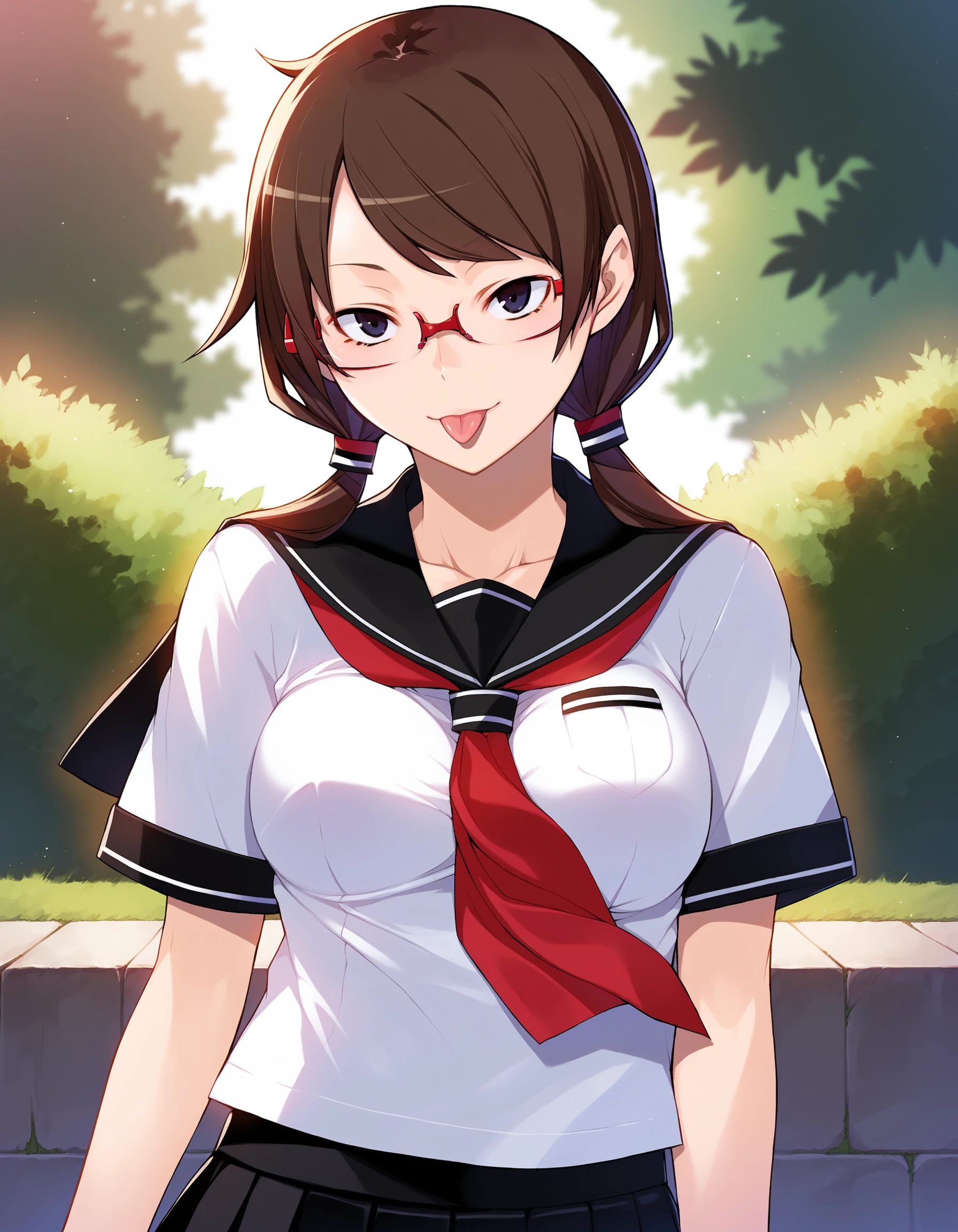 score_9, score_8_up, score_7_up, source_anime,
photorealistic, game cg, 1girl,
looking at viewer, outdoors,
<lora:YasudaSuzuhito_pony_v1:1> ysdszht,
long hair, brown hair, low twintails, black eyes, large breasts, medium breasts, perky breasts, tongue out, rimless eyewear,
school uniform, serafuku, black sailor collar, red neckerchief, black miniskirt,