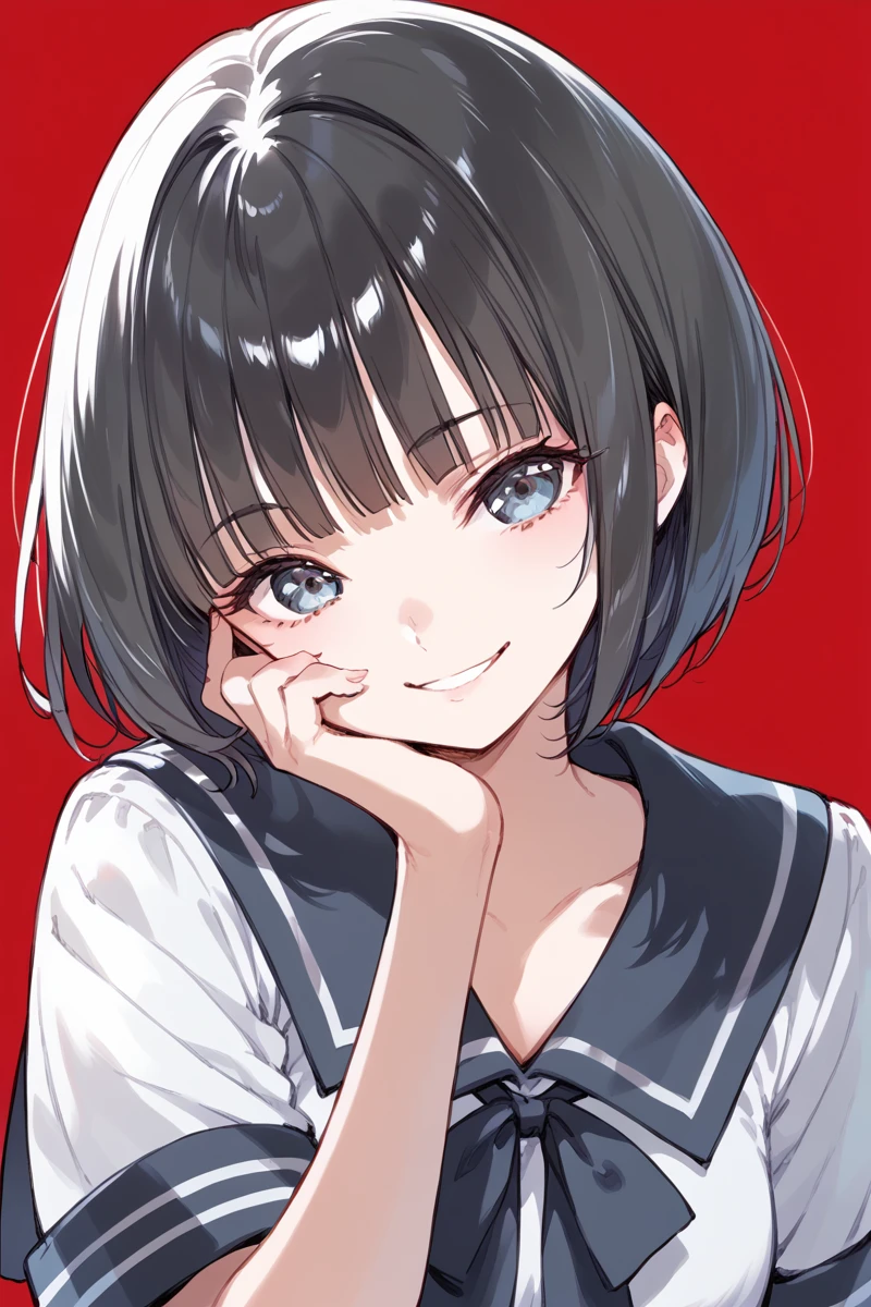 score_9, score_8_up, score_7_up, score_6_up,
 <lora:Komagawa_Uta:0.9>  uta, 1girl, solo, short hair, school uniform, looking at viewer, smile, bob cut, serafuku, bangs, red theme, sailor collar, head tilt, hand on own face, black hair