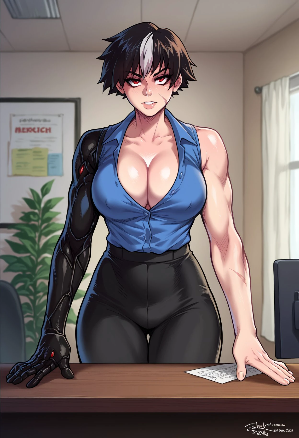 score_9, score_8_up, score_7_up, score_6_up, melkormancin-dh BREAK, 1girl, eblythe-dh, solo, short hair, black hair, streaked hair, muscular woman, red eyes, scars, prosthetic arm, cleavage, office lady <lora:Elizabeth_Blythe_Subverse_PDXL:0.7>  <lora:Artist_Style_-_Melkor_Mancin_Romulo_Mancin_Style_PDXL:0.8>