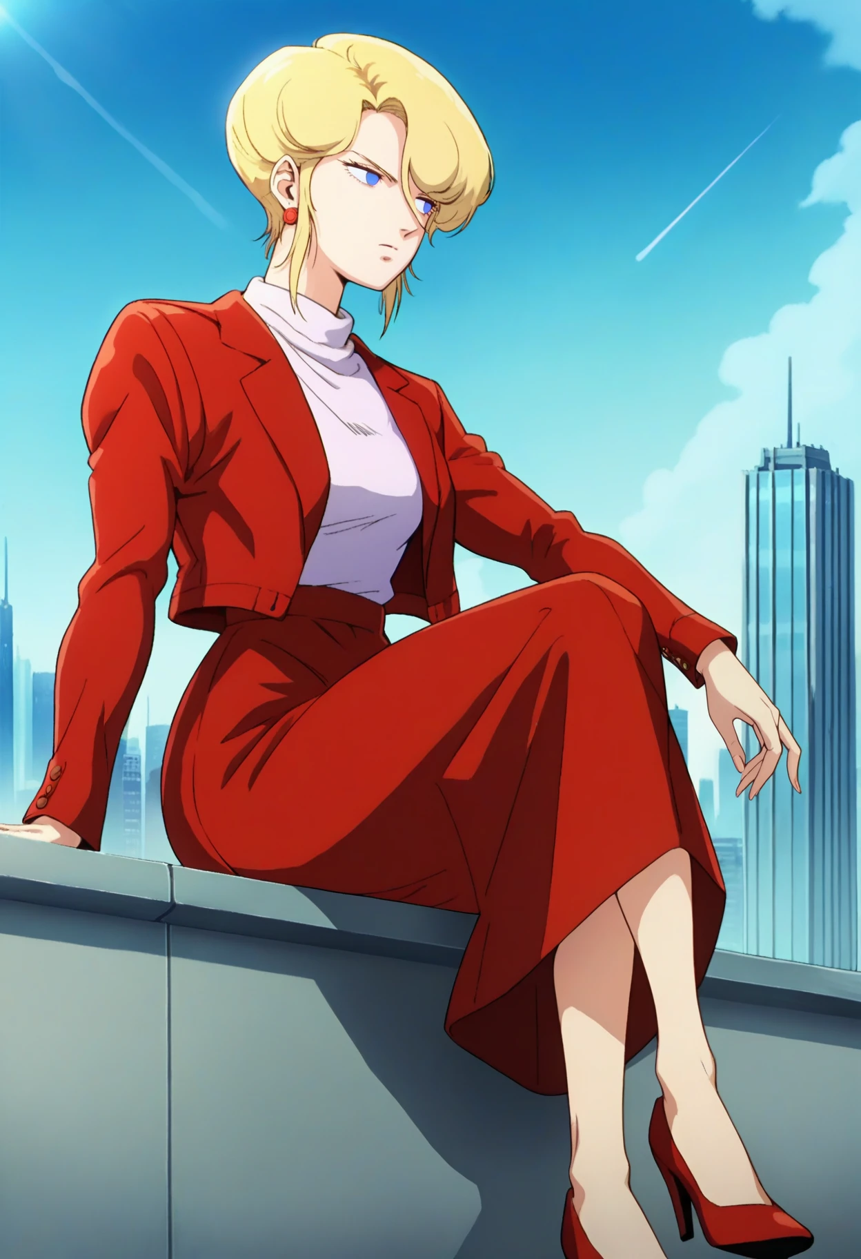 score_9, score_8_up, score_7_up, score_6_up, source_anime, <lora:HamanKarn:0.7>, HamanKarnDisguising, blonde hair, short hair, blue eyes, empty eyes, sidelocks, earrings,
turtleneck, red jacket, long skirt, red skirt, red high heels,
looking away, sitting,
BREAK, blue sky, sunlight, cityscape,