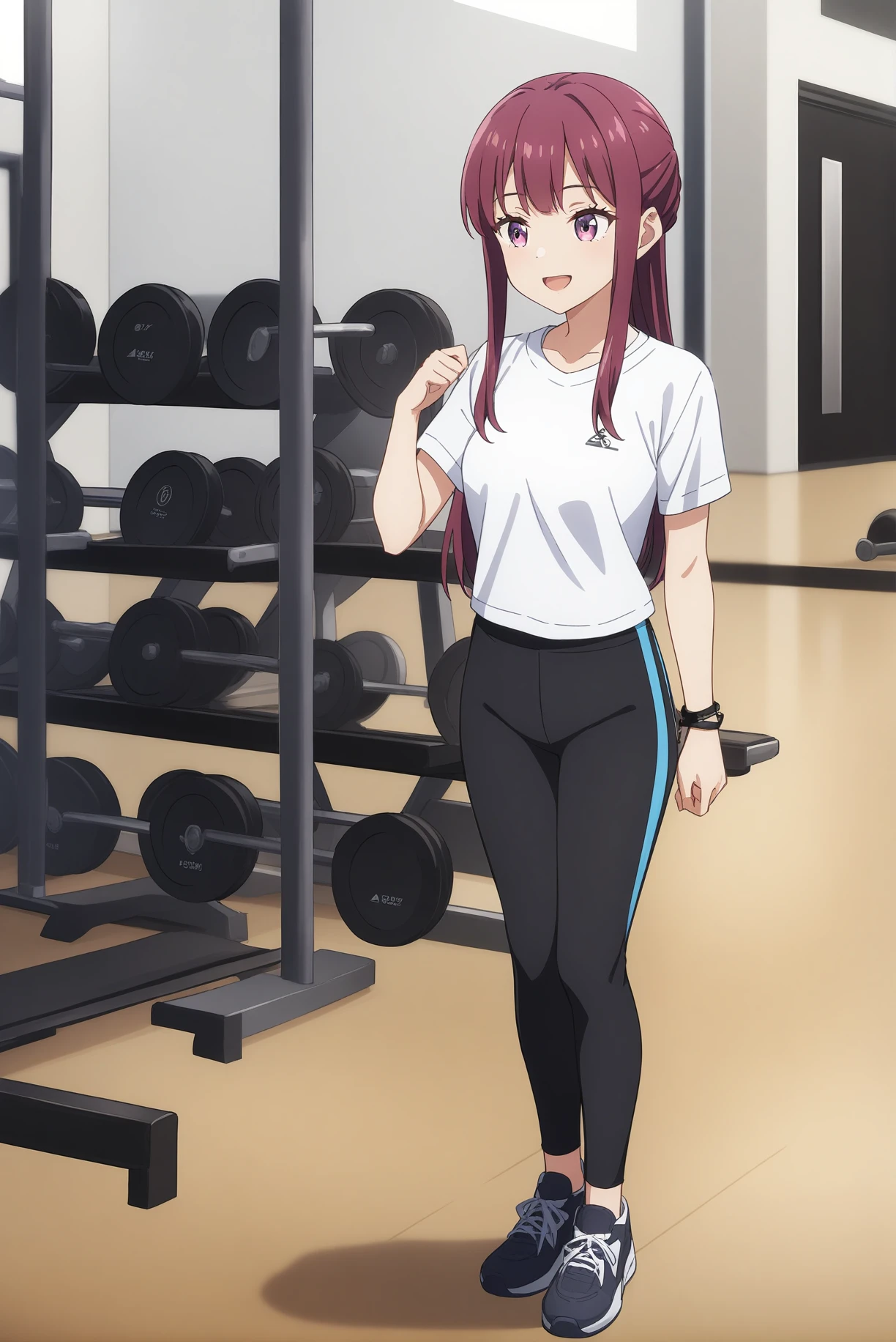 casual clothes, ag-kuroitsu, sidelocks, medium breasts, 1girl, solo, skinny, masterpiece, absurdres, high quality, highres, best quality, (full body:1.20), (close-up), recent, gym, happy, long hair <lora:ag-kuroitsu-V01:0.20>