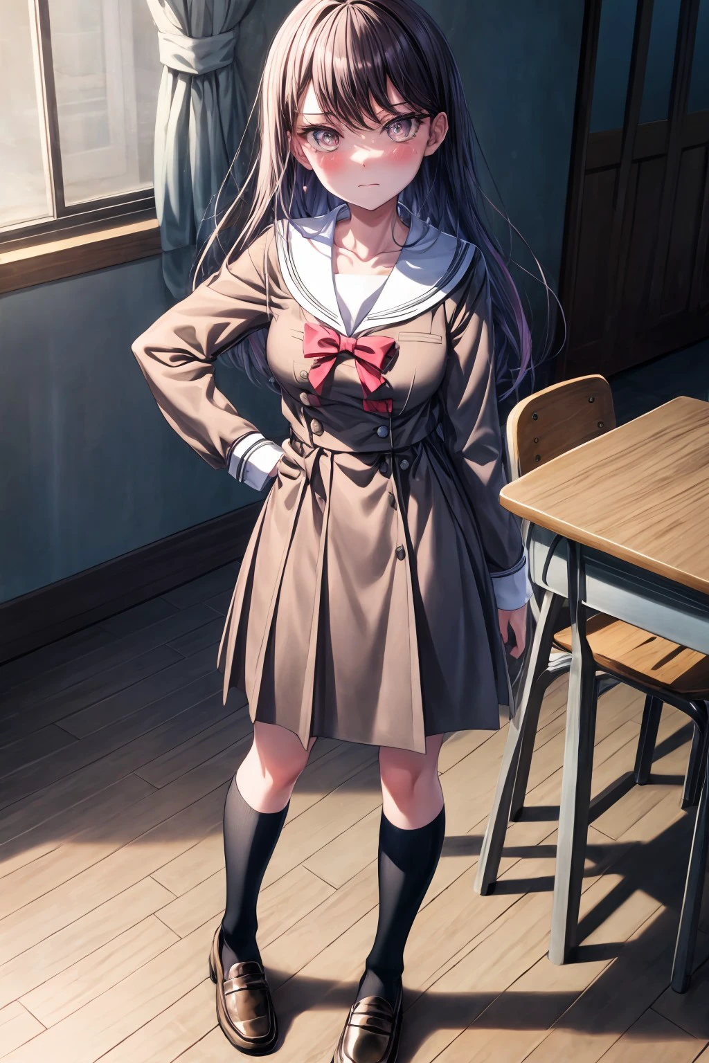 (masterpiece), best quality, expressive eyes, perfect face, takishiina, looking at viewer, blush,  long sleeves, dress, bow, ribbon, closed mouth, school uniform, standing, collarbone, full body, shoes, socks, sailor collar, red bow, red ribbon, hand on hip, kneehighs, neck ribbon, buttons, brown footwear,  black socks, loafers, sailor dress, white sailor collar, double-breasted, brown dress, pleated dress, hanasakigawa school uniform, <lora:more_details:0.7>, <lora:a75fa2e0-ab76-4620-905b-87ca47d5bd7a:0.7>