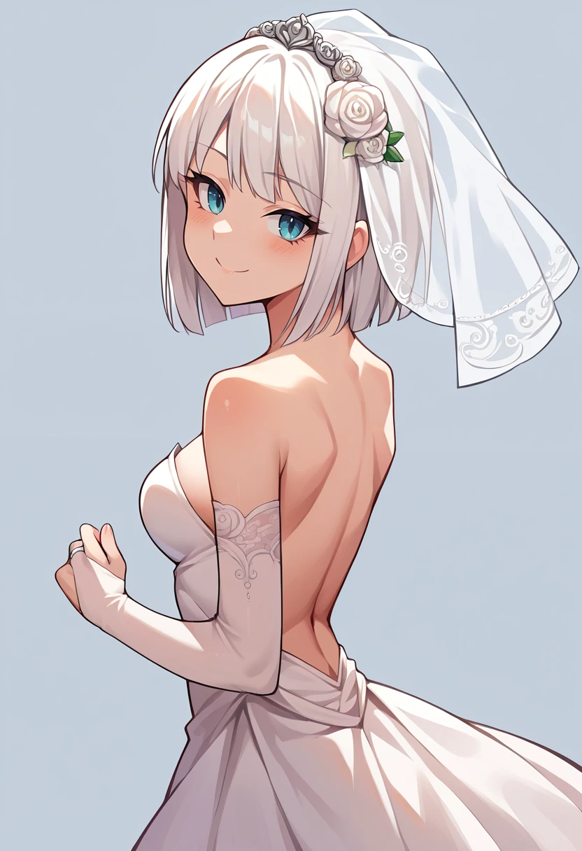 score_9, score_8_up, source_anime, 1girl, solo, GinaBoyd, short hair, bob cut, white hair, backless dress, bridal gauntlets, bridal veil, eyelashes, from side, looking at viewer, strapless dress, wedding dress, white dress, simple background, smile, blush, <lora:ChamGinaBoydPonyXL:1>