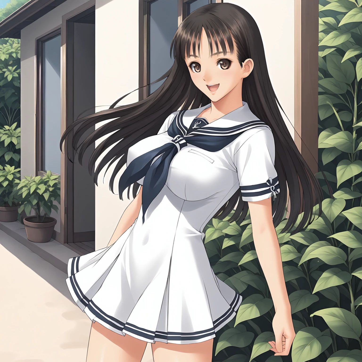 <lora:SnIMnI_AsaMizushimaXLpony006>,
looking at viewer,smile,open mouth,
solo,
AsaMizushima,1girl,black hair,long hair,brown eyes,
large breasts,
sailor,white sailor color,white dress,short_sleeves,short dress,
outdoors,
standing,