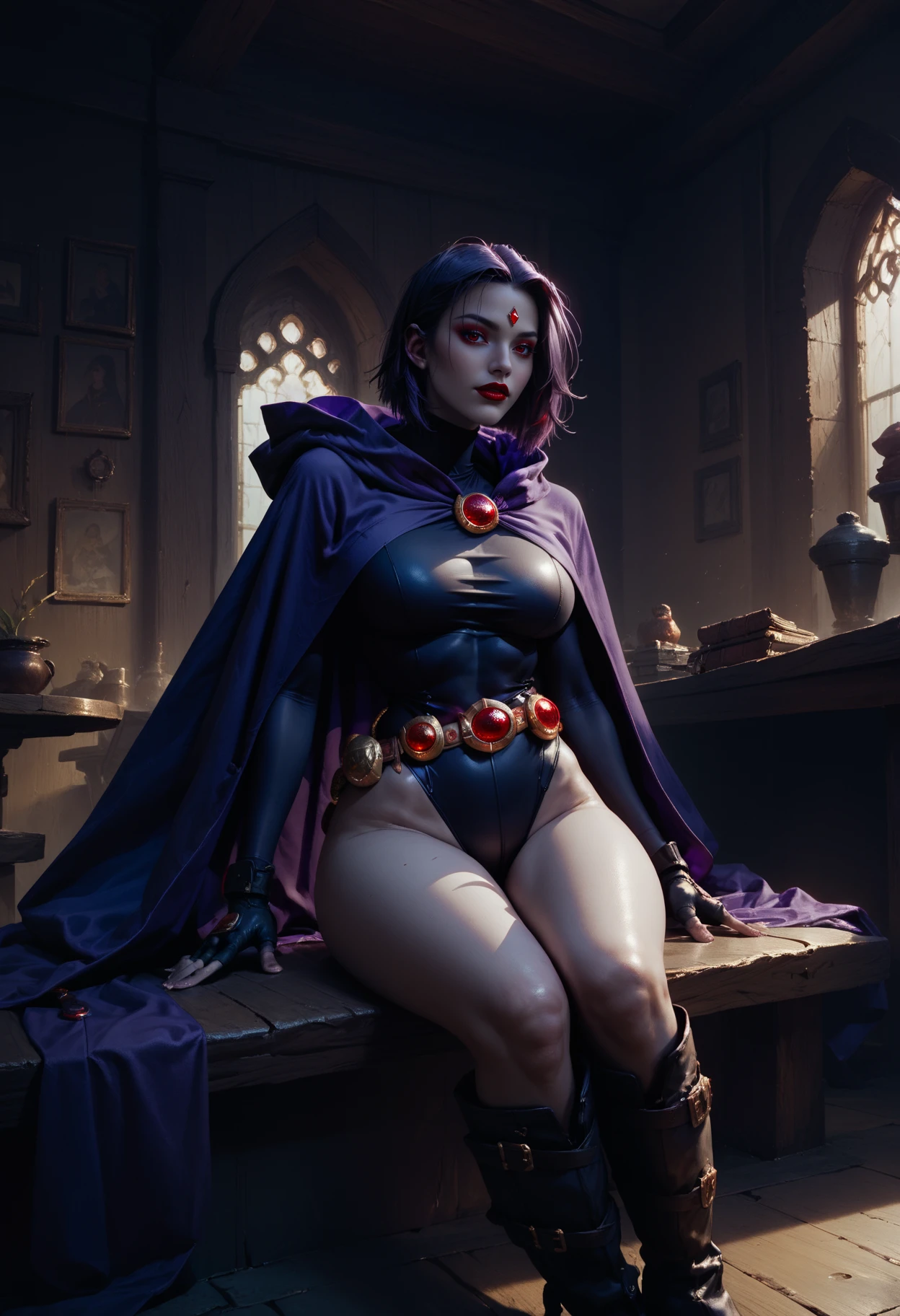 score_9, score_8_up, score_7_up, 1 girl,Jed-rvn, Raven costume, long purple cloak, form-fitting black leotard, belt, black boots, Fingerless black gloves, sitting, interior,   <lora:Raven-000004:1>