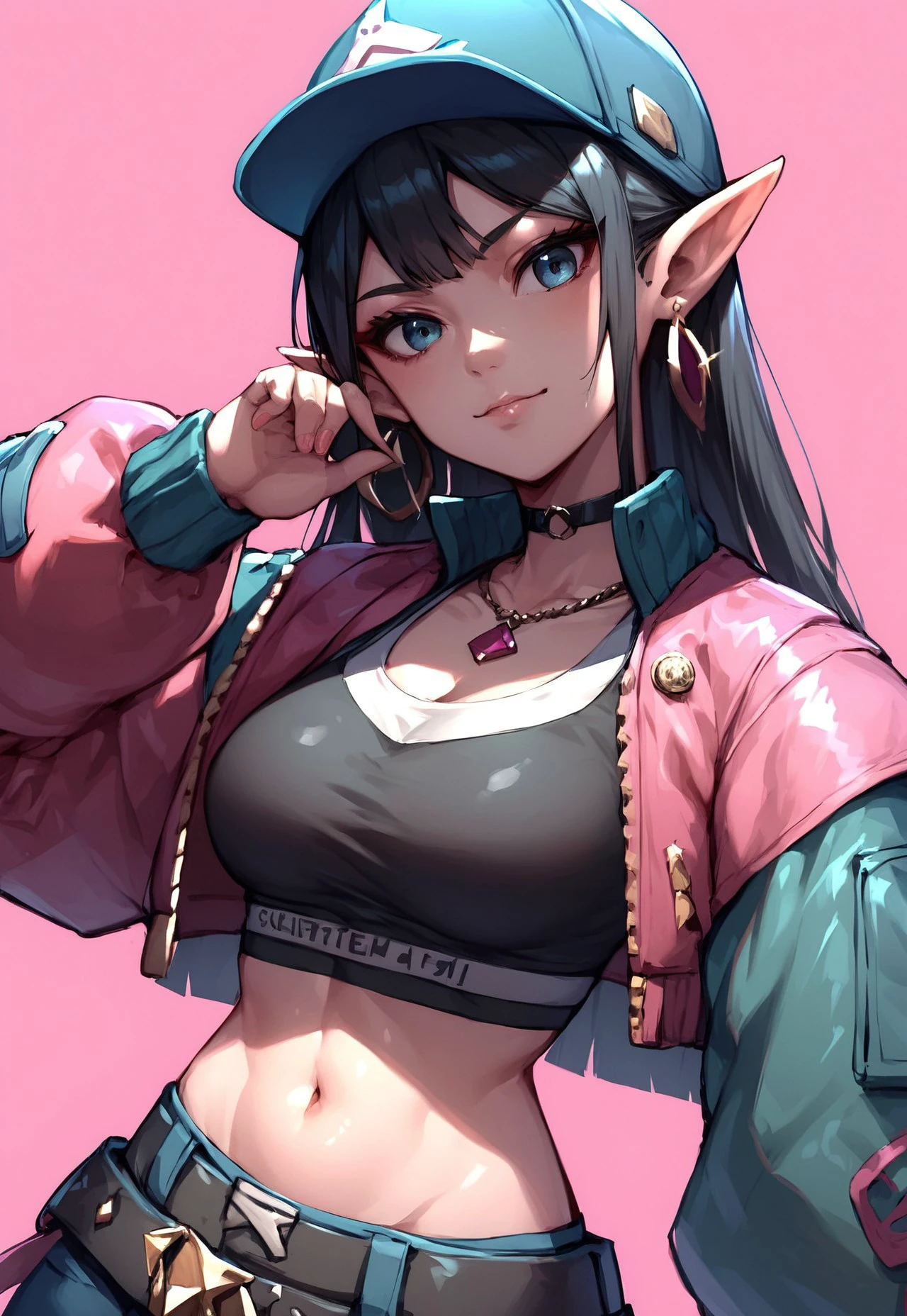 score_9, score_8_up, ying, street_ying, 1girl, black hair, long hair, crop top, jacket, cap, looking at viewer, pointy ears, jewelry, earrings,