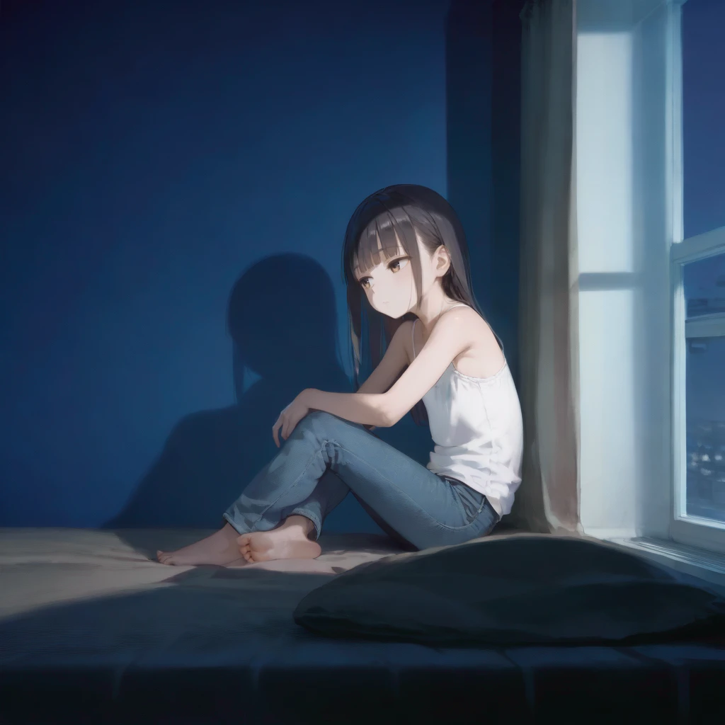 score_9, score_8_up, score_7_up, score_6_up,perspective,
indoors,window,windy curtains,girl ,sitting on bed,beautiful,black hair,white camisole,jeans,long hair,brown eyes,white skin,flat chest,blunt bangs,one leg up,night,moonlight,drop shadow,barefoot, relaxing, jitome,narrowed eyes, 
(dark blue background:1.2),<lora:Dark_room:1>