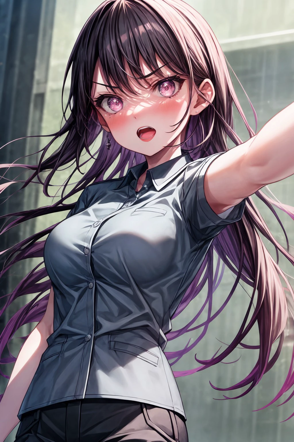 (masterpiece), best quality, expressive eyes, perfect face, takishiina, looking at viewer, blush, open mouth,  shirt, medium breasts, very long hair, short sleeves, teeth, collared shirt, pants, pink eyes, uniform, v-shaped eyebrows, black shirt, upper teeth only, black pants, outstretched arm, clenched hand, <lora:more_details:0.7>, <lora:a75fa2e0-ab76-4620-905b-87ca47d5bd7a:0.7>