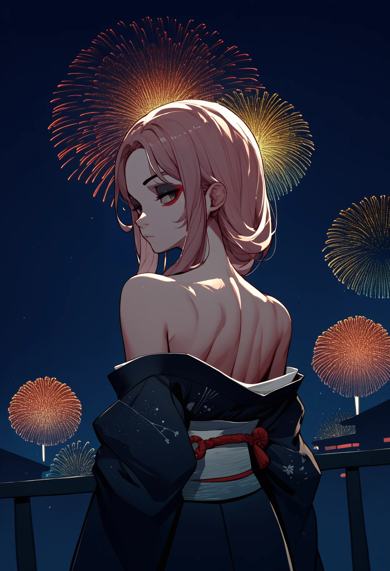 score_9, score_8_up, score_7_up, source_anime, from behind, solo, 1girl, femskullgrunt, makeup, eyeshadow, expressionless, looking back, long hair, white japanese clothes, black kimono, off shoulder, bare shoulders, fireworks <segment:yolo-face_yolov8m.pt,0.4,0.5>